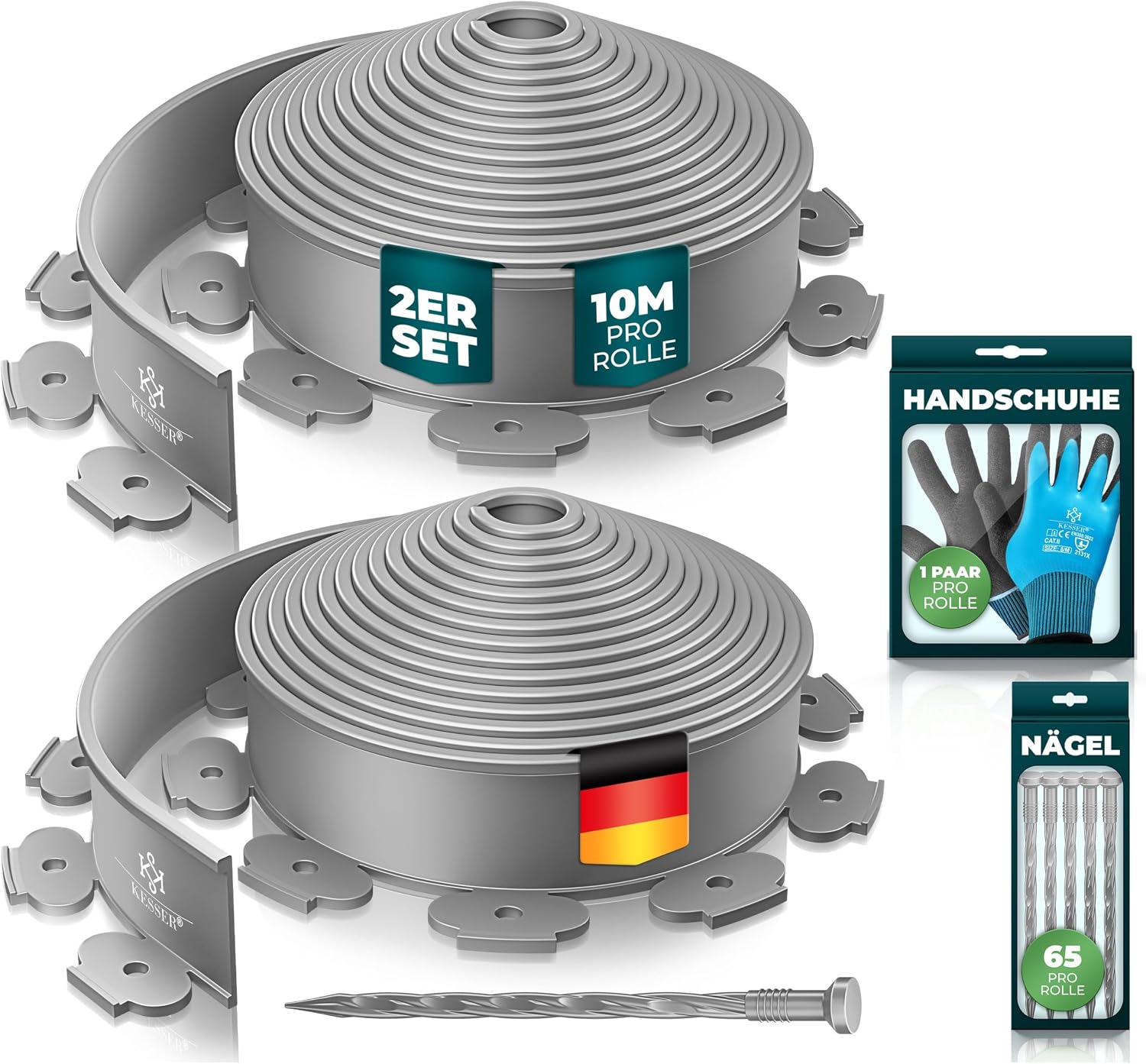 KESSER® Flexible Rasenkante aus Kunststoff Länge 20m Höhe 5cm, mit 130 Erdanker + 2 Paar Handschuhe Beeteinfassung Beetumrandung Beetbegrenzung Mähkante Pflastersteine Palisade - Grau