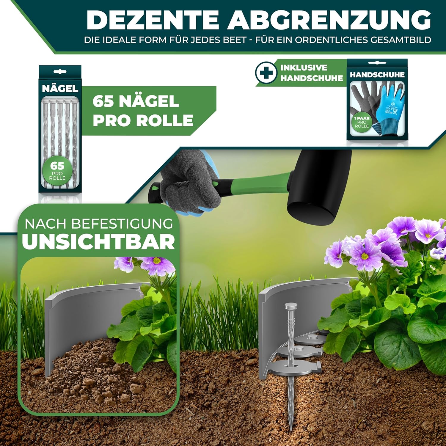 KESSER® Flexible Rasenkante aus Kunststoff Länge 20m Höhe 5cm, mit 130 Erdanker + 2 Paar Handschuhe Beeteinfassung Beetumrandung Beetbegrenzung Mähkante Pflastersteine Palisade - Grau — Ansicht 2