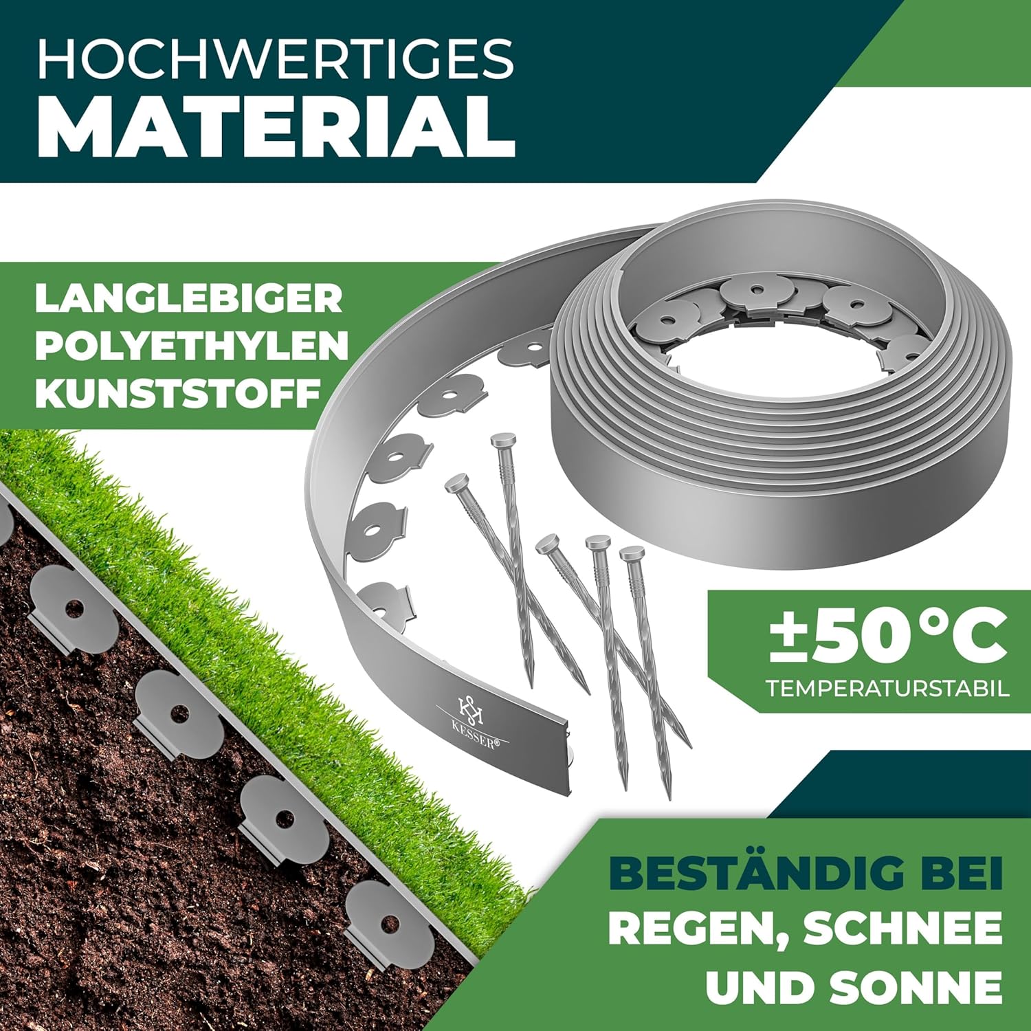 KESSER® Flexible Rasenkante aus Kunststoff Länge 20m Höhe 5cm, mit 130 Erdanker + 2 Paar Handschuhe Beeteinfassung Beetumrandung Beetbegrenzung Mähkante Pflastersteine Palisade - Grau — Ansicht 4