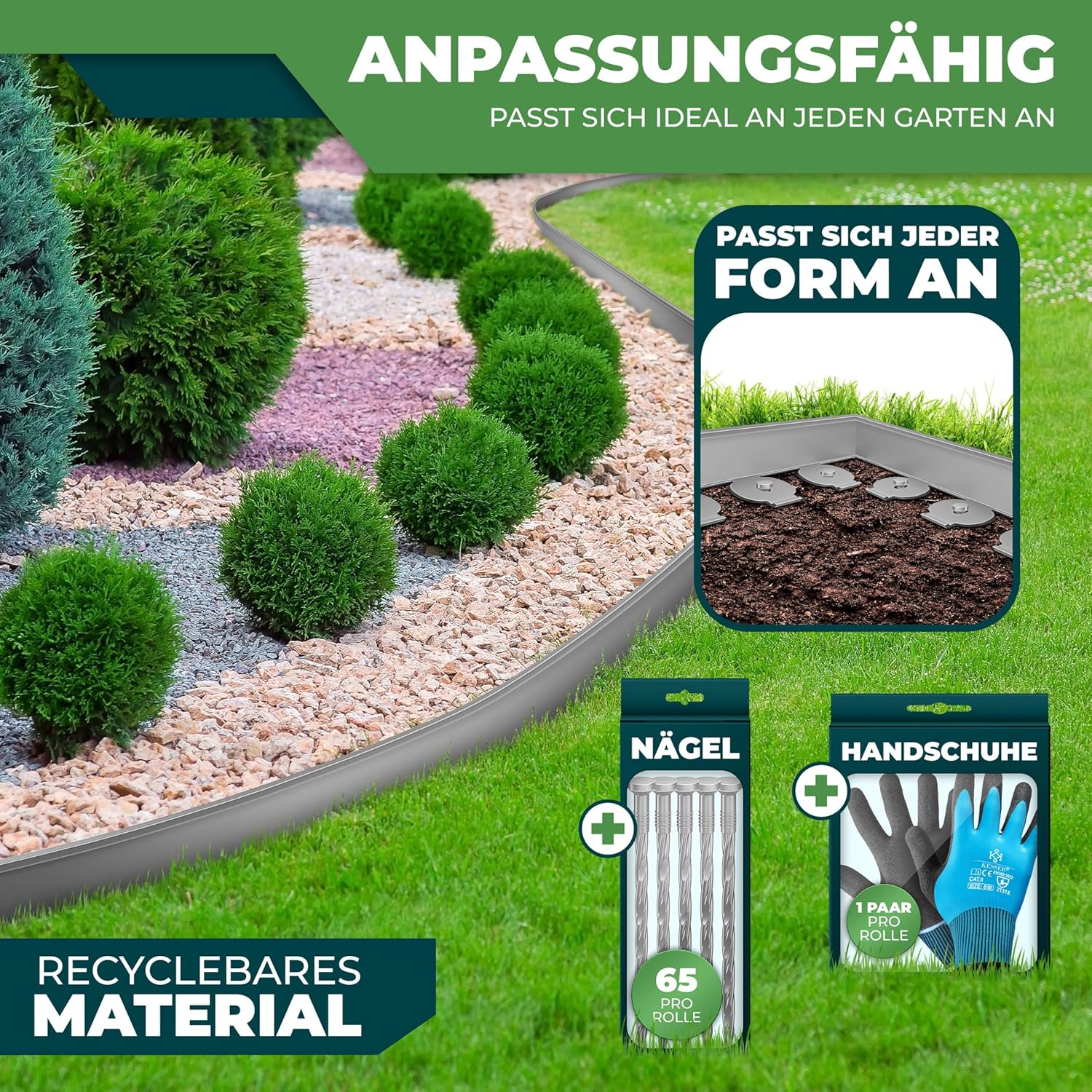 KESSER® Flexible Rasenkante aus Kunststoff Länge 20m Höhe 5cm, mit 130 Erdanker + 2 Paar Handschuhe Beeteinfassung Beetumrandung Beetbegrenzung Mähkante Pflastersteine Palisade - Grau — Ansicht 6