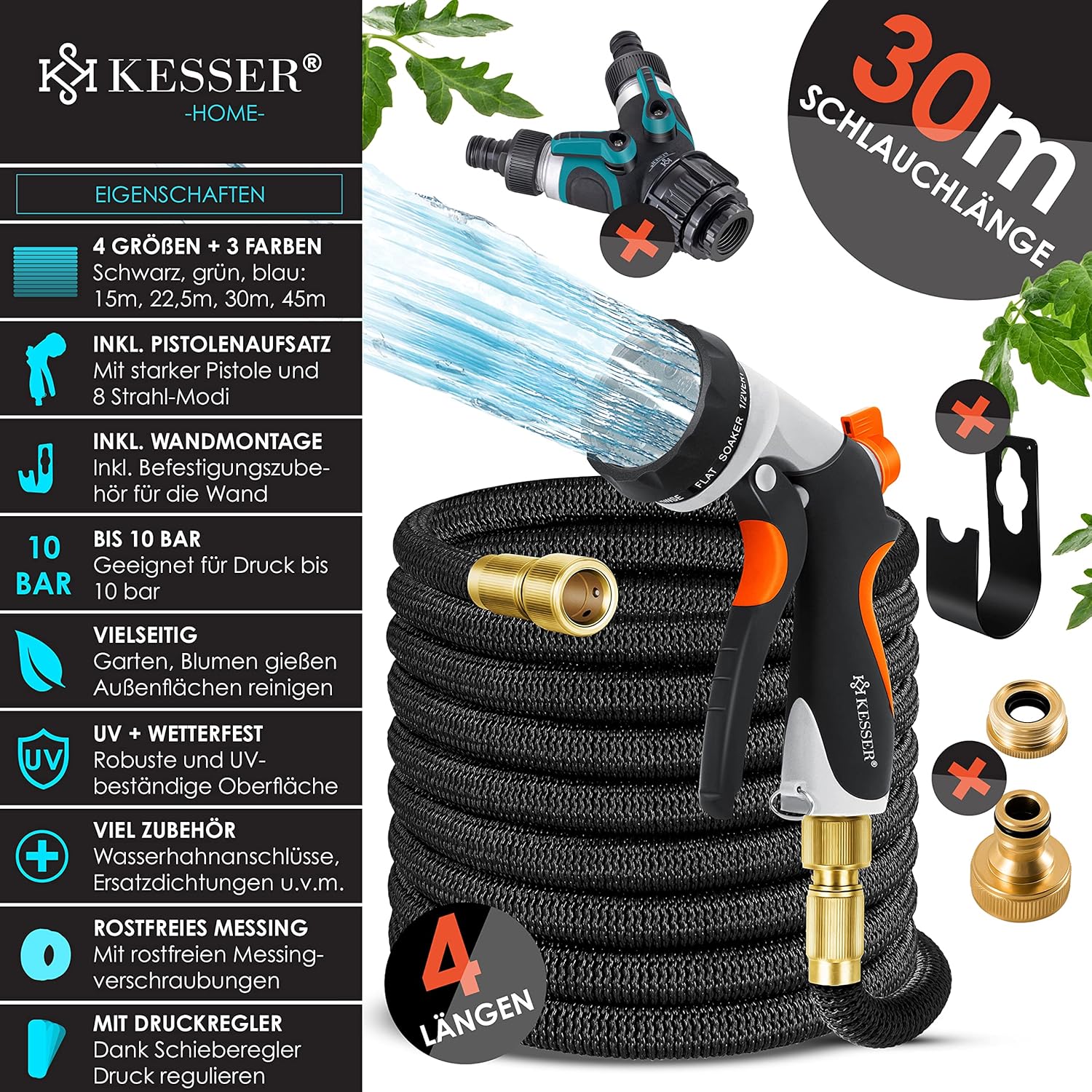 KESSER® flexibler Gartenschlauch 30 m, dehnbarer Flexischlauch, Wasserschlauch mit 3-fach Latexkern, 8 Modi Sprühpistole, Messing Anschlüsse + Wandhalterung, 1/2" & 3/4" Adapter & Tasche, Schwarz — Ansicht 2
