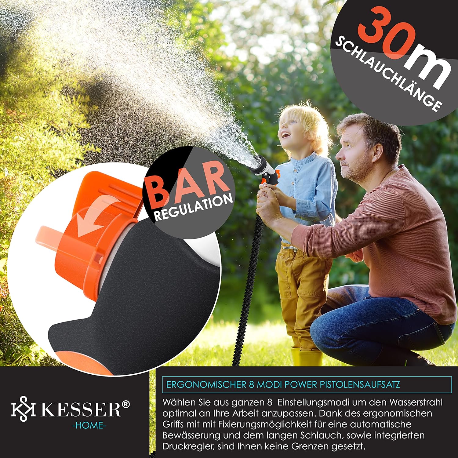 KESSER® flexibler Gartenschlauch 30 m, dehnbarer Flexischlauch, Wasserschlauch mit 3-fach Latexkern, 8 Modi Sprühpistole, Messing Anschlüsse + Wandhalterung, 1/2" & 3/4" Adapter & Tasche, Schwarz — Ansicht 6
