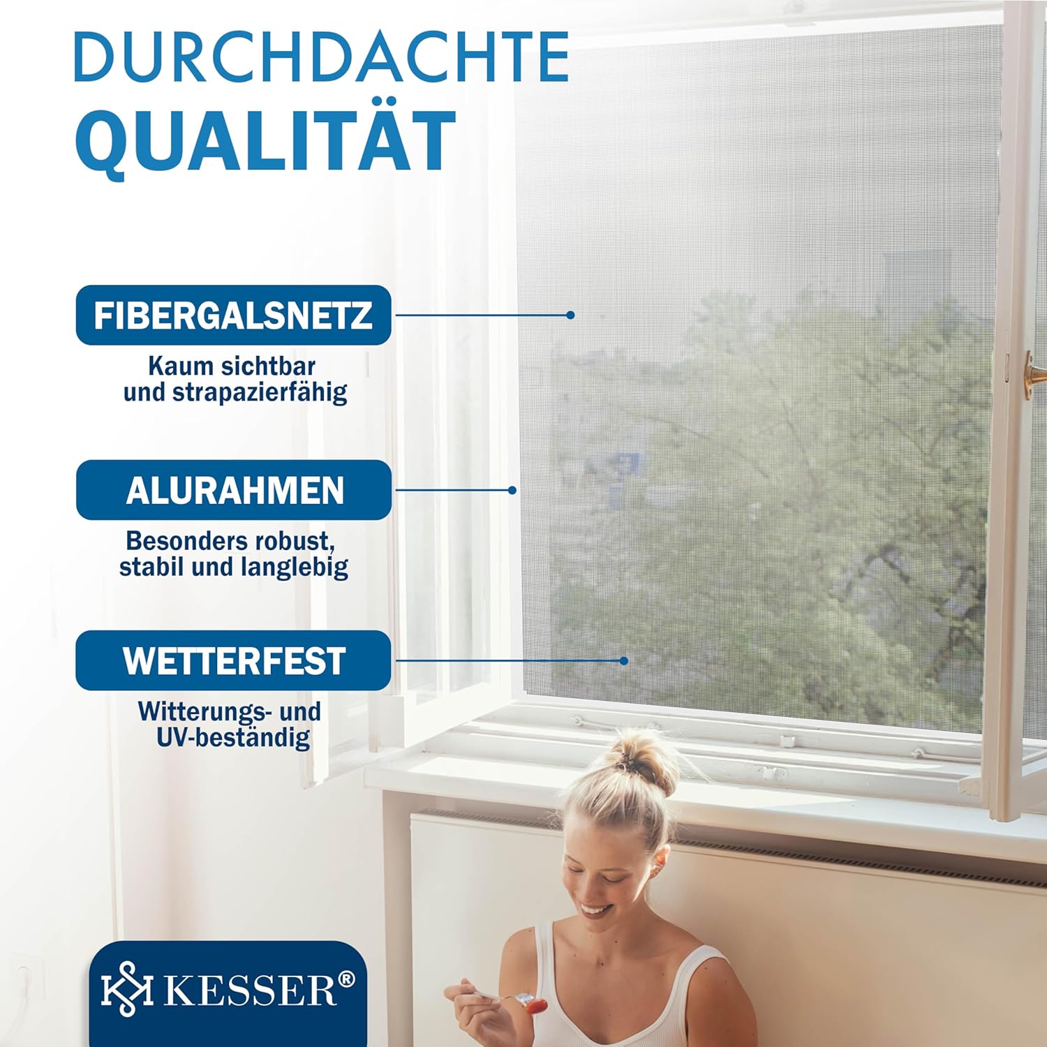 KESSER® Fliegengitter Fenster 100x120cm Mückenschutz mit Aluminium Rahmen, Spannrahmen Fliegengitter ohne Bohren, Insektenschutz, Moskitonetz Fliegennetz für Fenster einfach montieren, Weiß — Ansicht 4