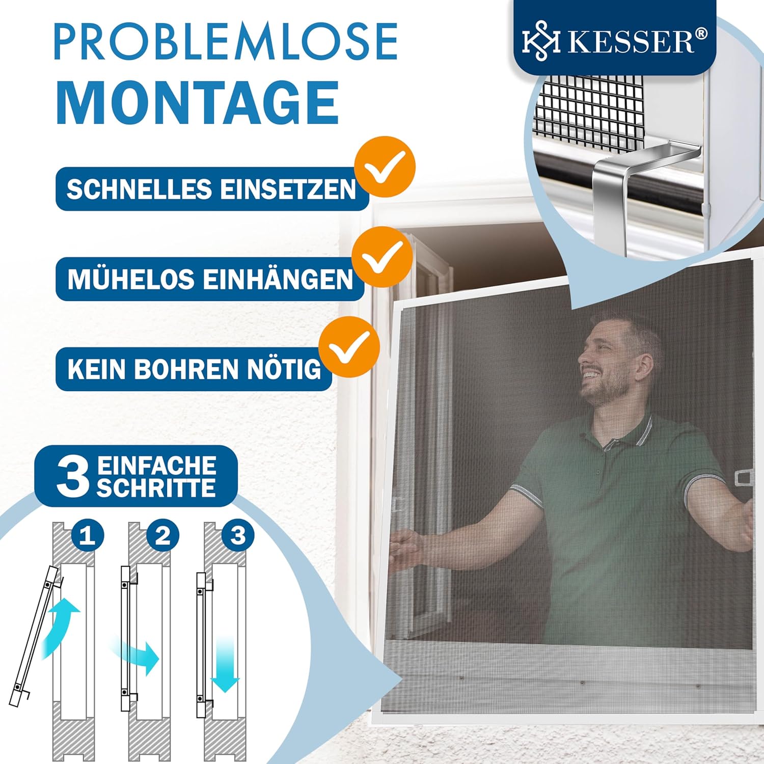 KESSER® Fliegengitter Fenster 100x120cm Mückenschutz mit Aluminium Rahmen, Spannrahmen Fliegengitter ohne Bohren, Insektenschutz, Moskitonetz Fliegennetz für Fenster einfach montieren, Weiß — Ansicht 5