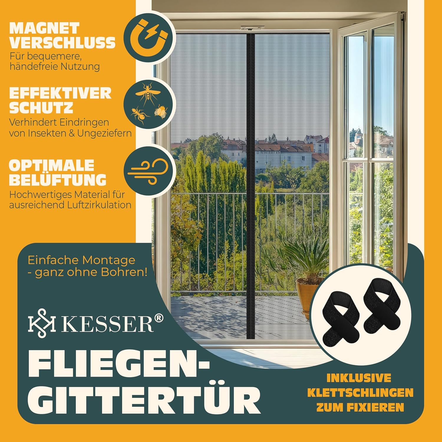 KESSER® Fliegengitter Tür Magnetisch, 90x200cm Insektenschutz Balkontür & Terrassentür, Mückenschutz Selbstschließend, ohne Bohren mit Klett, Reißfest, Luftdurchlässig, Haustierfreundlich, Schwarz — Ansicht 2