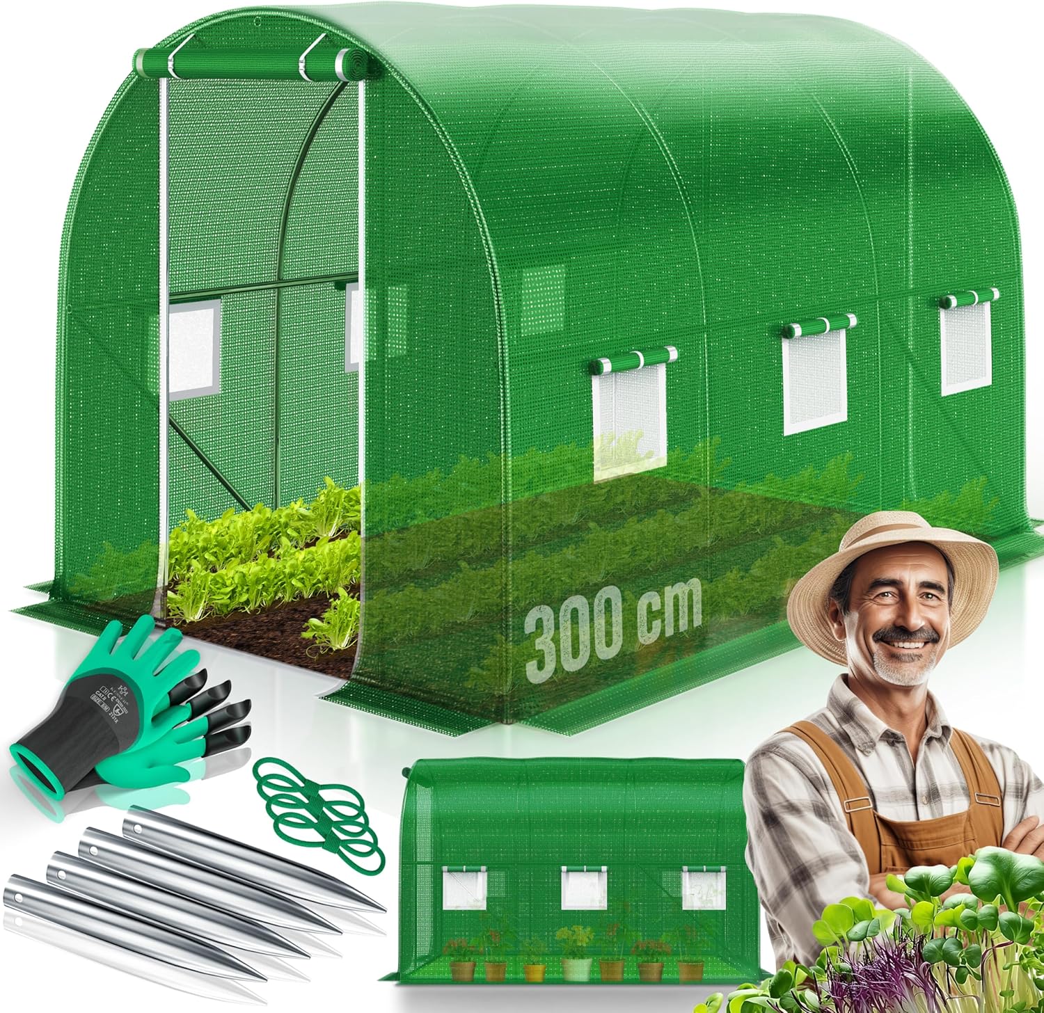 KESSER® Folien-Gewächshaus Stabil mit 6 Fenster mit Moskitonetz & Tür | Gartentunnel mit Rahmen aus verzinktem Stahl | Folientunnel 170g/m2 inkl. Erdanker Handschuhen & Seilen | 200x300cm Grün