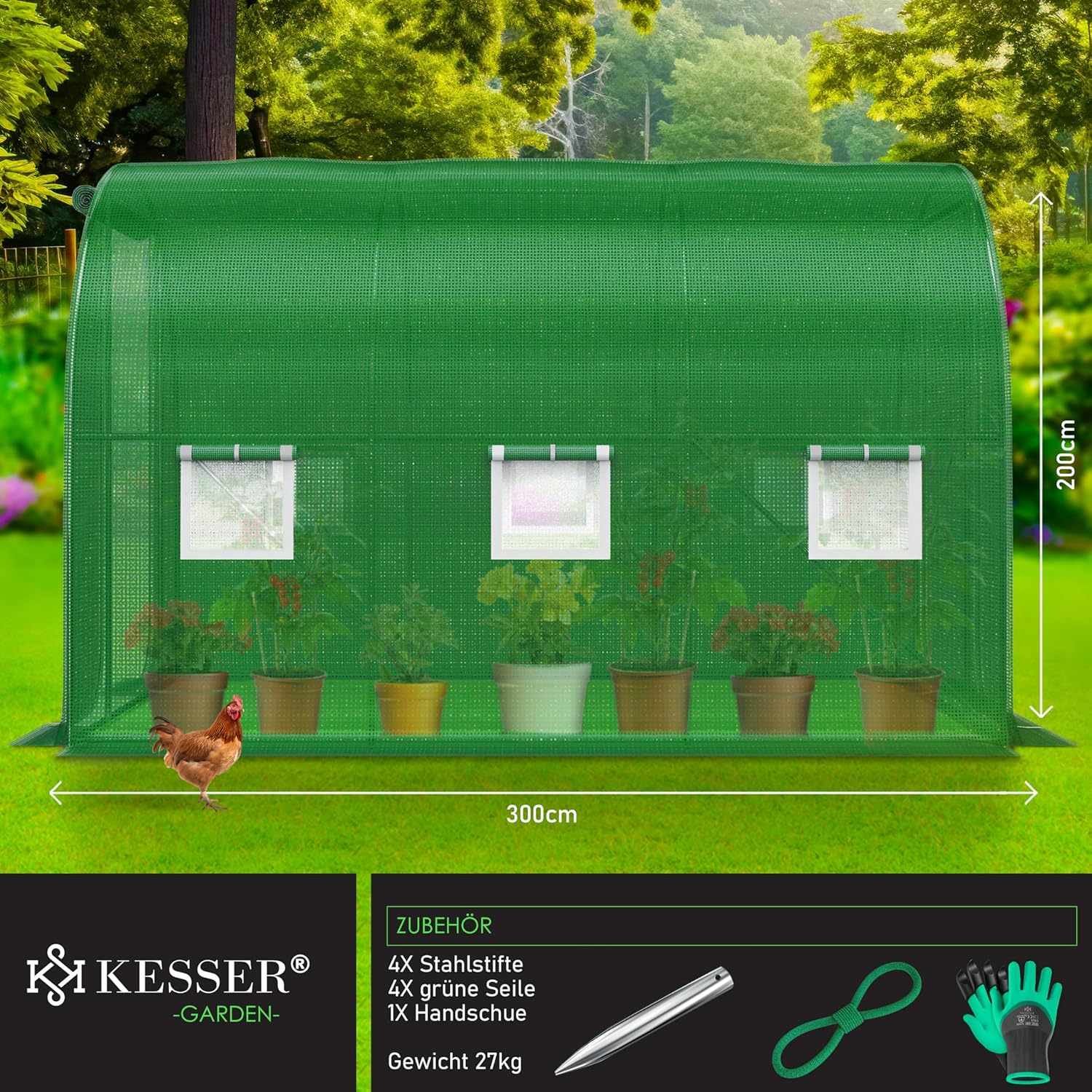 KESSER® Folien-Gewächshaus Stabil mit 6 Fenster mit Moskitonetz & Tür | Gartentunnel mit Rahmen aus verzinktem Stahl | Folientunnel 170g/m2 inkl. Erdanker Handschuhen & Seilen | 200x300cm Grün — Ansicht 2