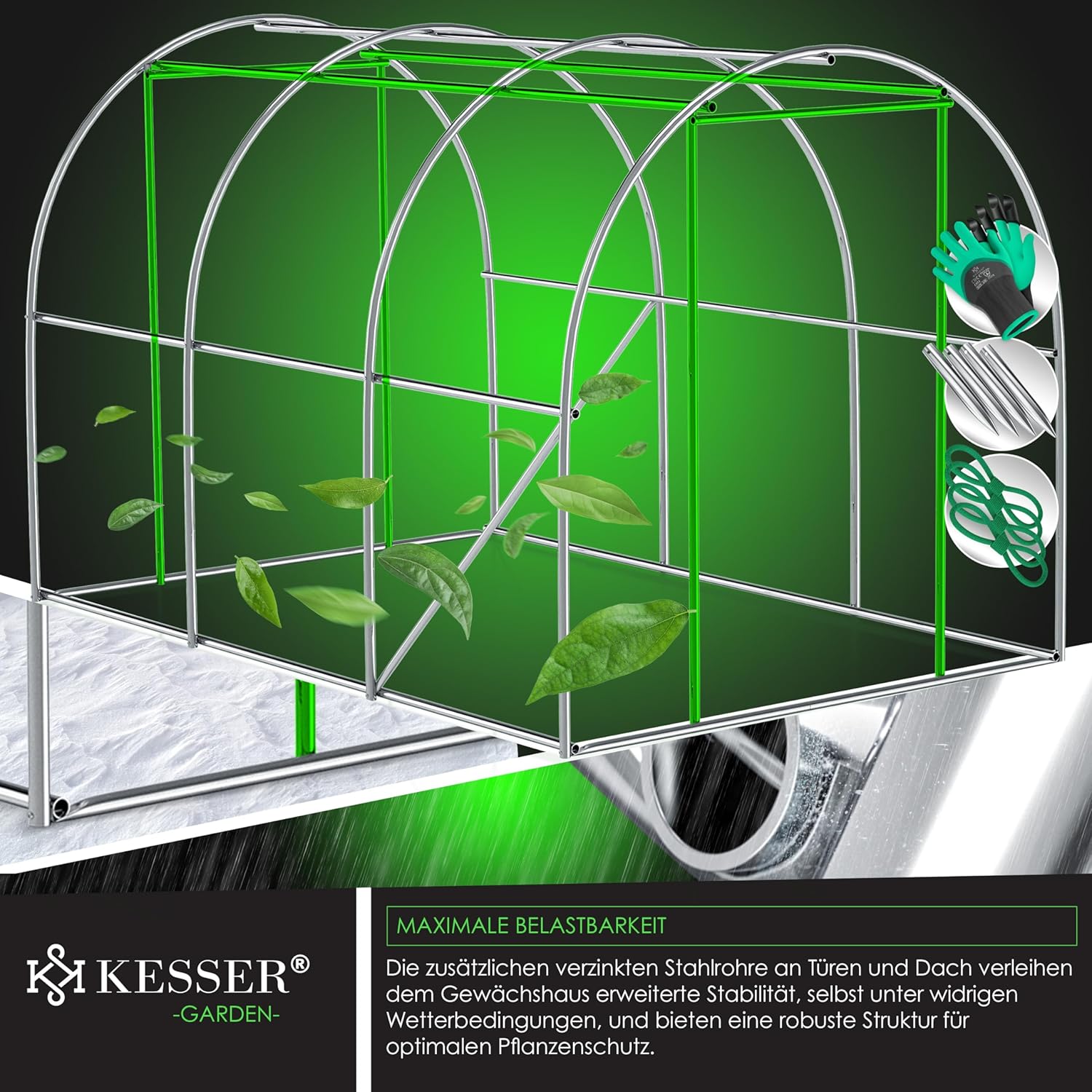 KESSER® Folien-Gewächshaus Stabil mit 6 Fenster mit Moskitonetz & Tür | Gartentunnel mit Rahmen aus verzinktem Stahl | Folientunnel 170g/m2 inkl. Erdanker Handschuhen & Seilen | 200x300cm Grün — Ansicht 5
