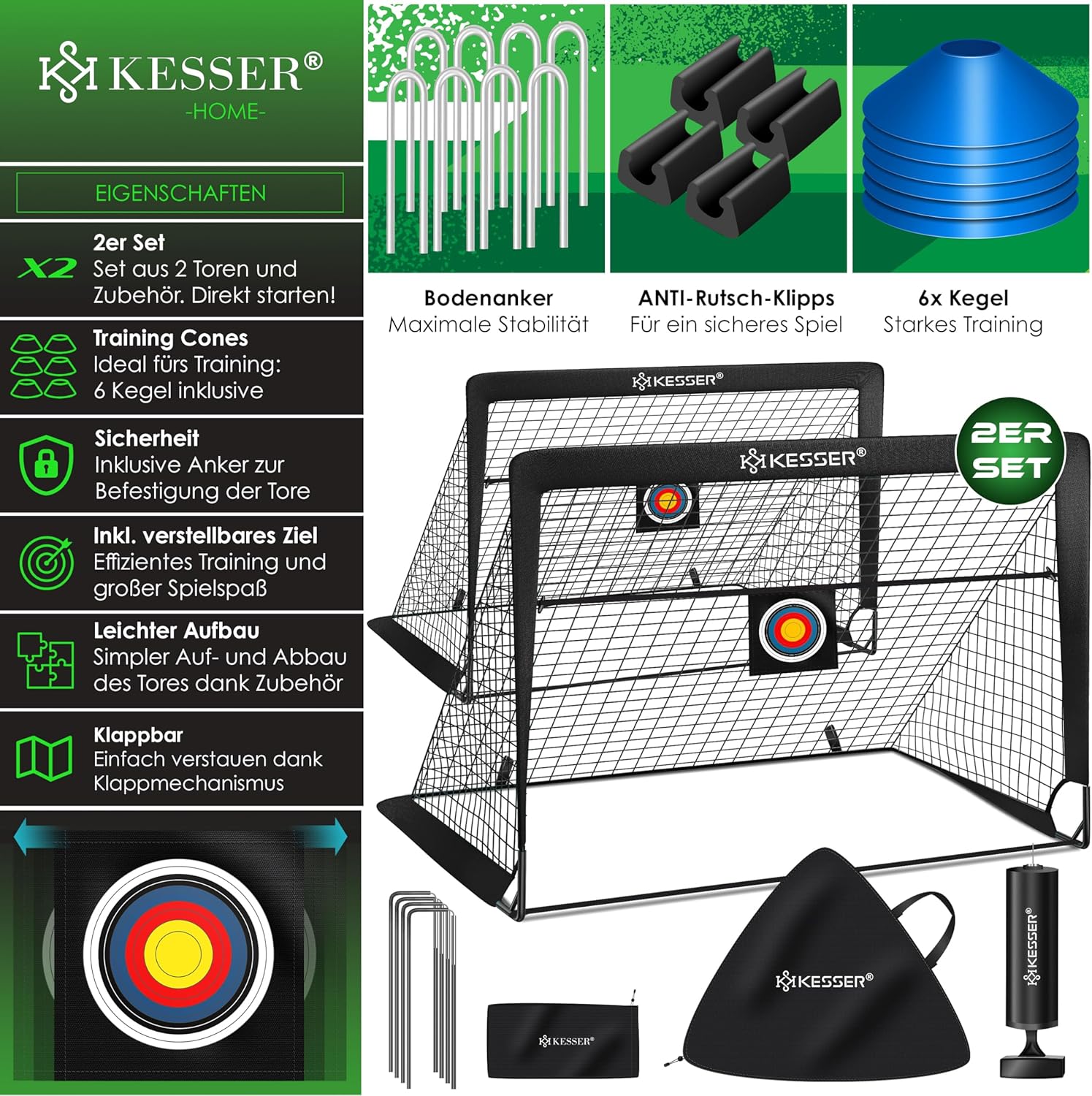 KESSER® Fussballtor 2er Set | Tolles Fußball Geschenk für Kinder, Indoor und Outdoor Garten : Antirutsch - Inkl. Fussball Trainingszubehör: Hütchen, Zielscheibe, Sporttasche, Ballpumpe — Ansicht 2