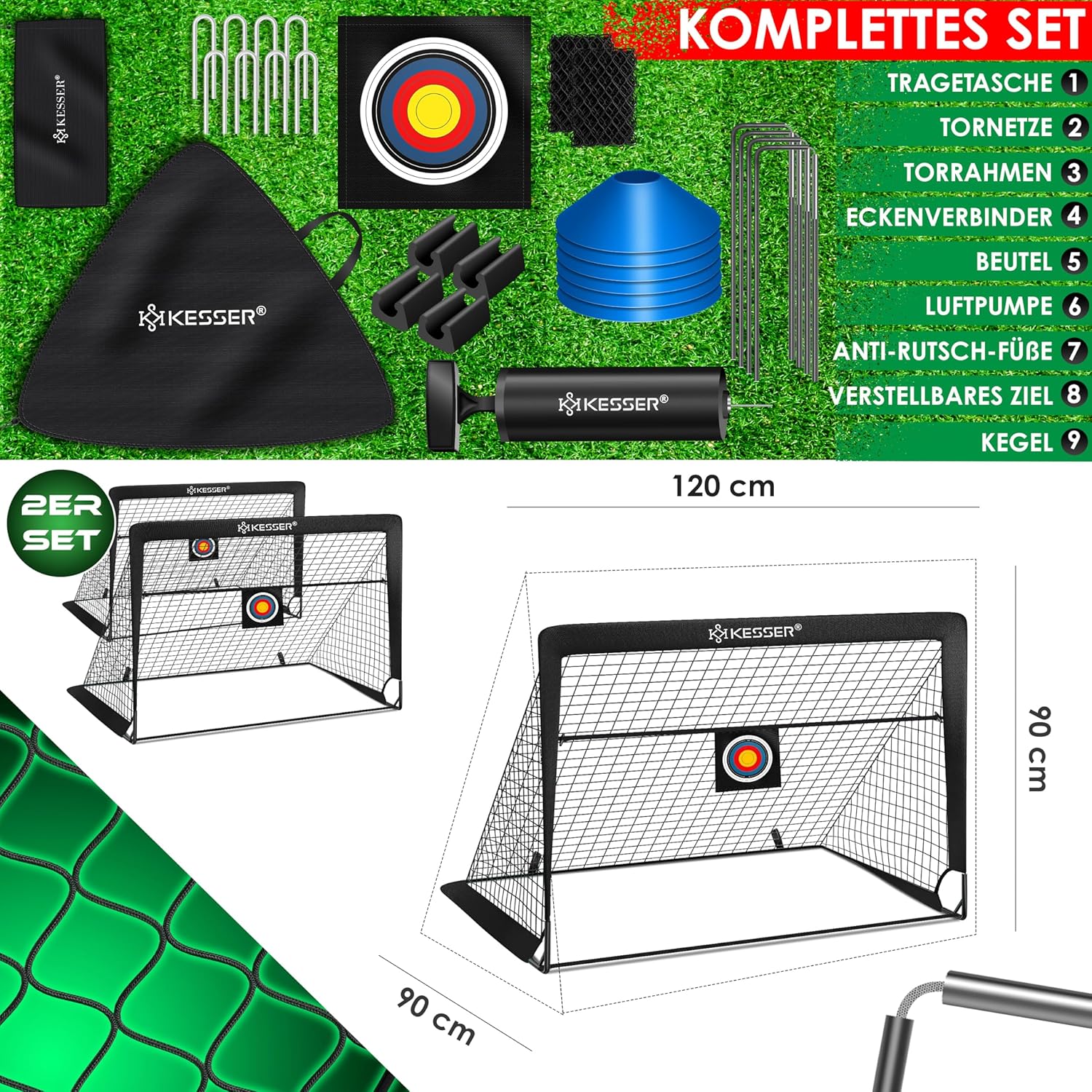 KESSER® Fussballtor 2er Set | Tolles Fußball Geschenk für Kinder, Indoor und Outdoor Garten : Antirutsch - Inkl. Fussball Trainingszubehör: Hütchen, Zielscheibe, Sporttasche, Ballpumpe — Ansicht 3