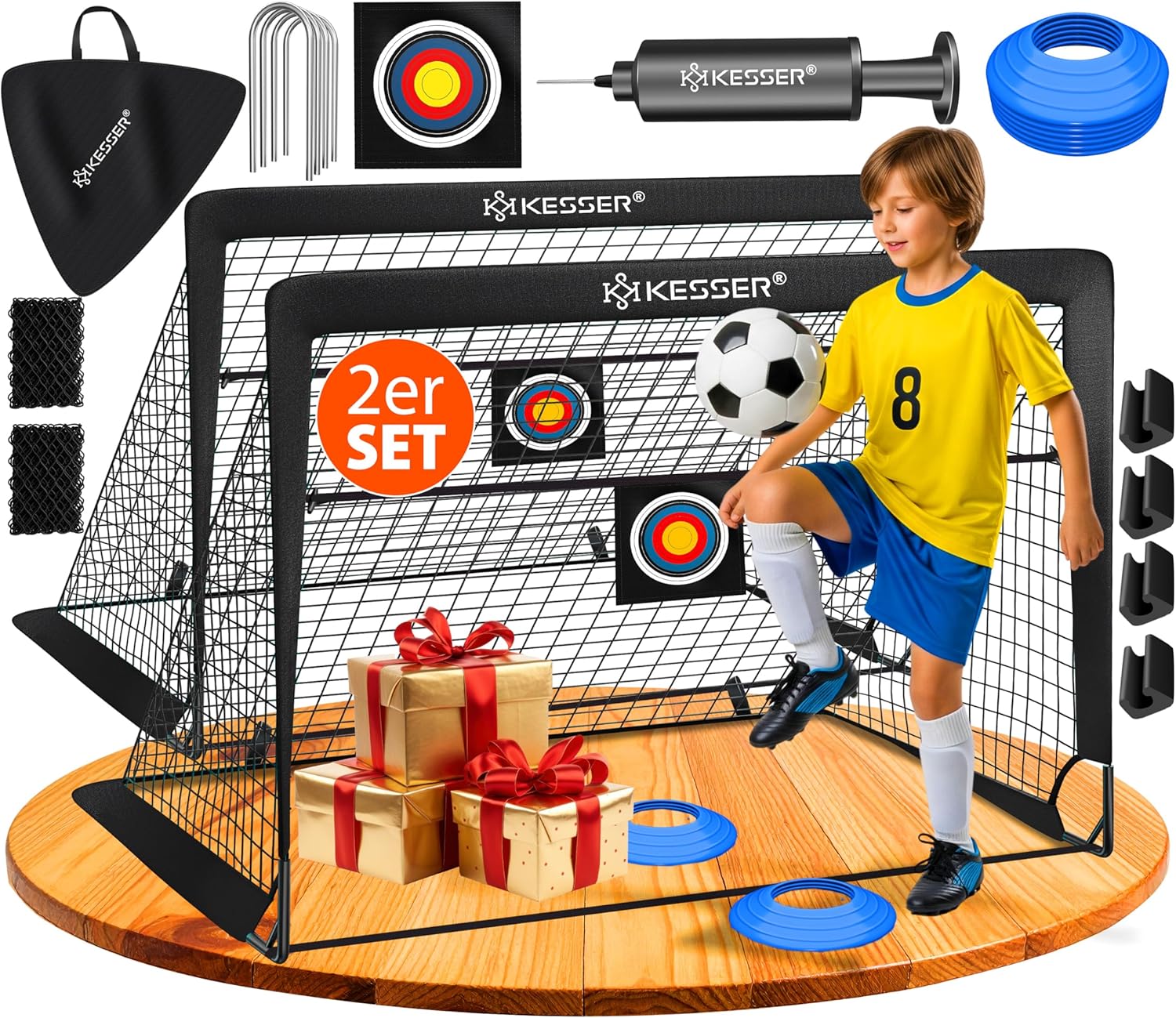 KESSER® Fussballtor 2er Set | Tolles Fußball Geschenk für Kinder, Indoor und Outdoor Garten : Antirutsch - Inkl. Fussball Trainingszubehör: Hütchen, Zielscheibe, Sporttasche, Ballpumpe