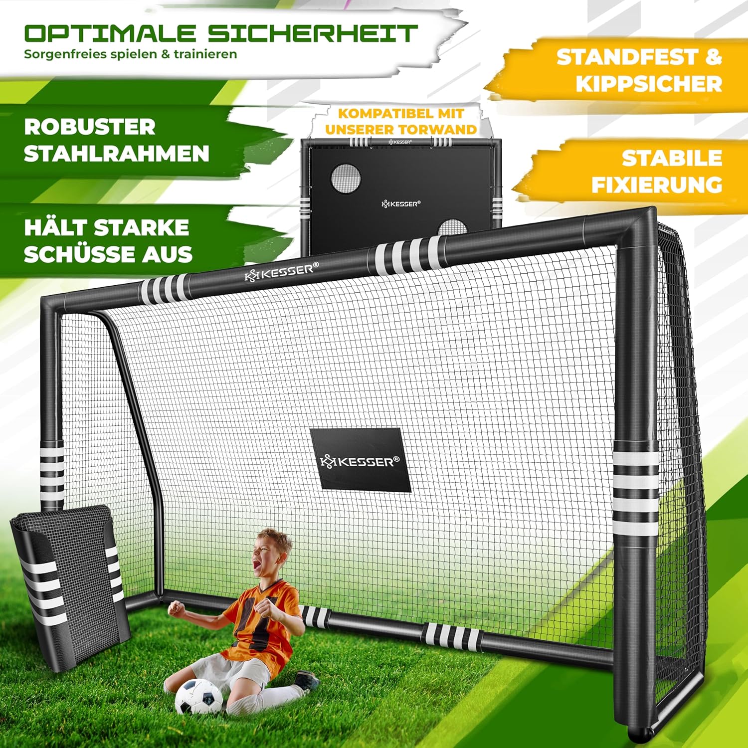 KESSER® Fußballtor für Garten Robustes Outdoor Training Schusstraining UV-beständigem Netz, Stahlrahmen mit Polsterung, Erdhaken, Luftpumpe, Hüttchen, Montagezubehör für Kinder und Erwachsene — Ansicht 5
