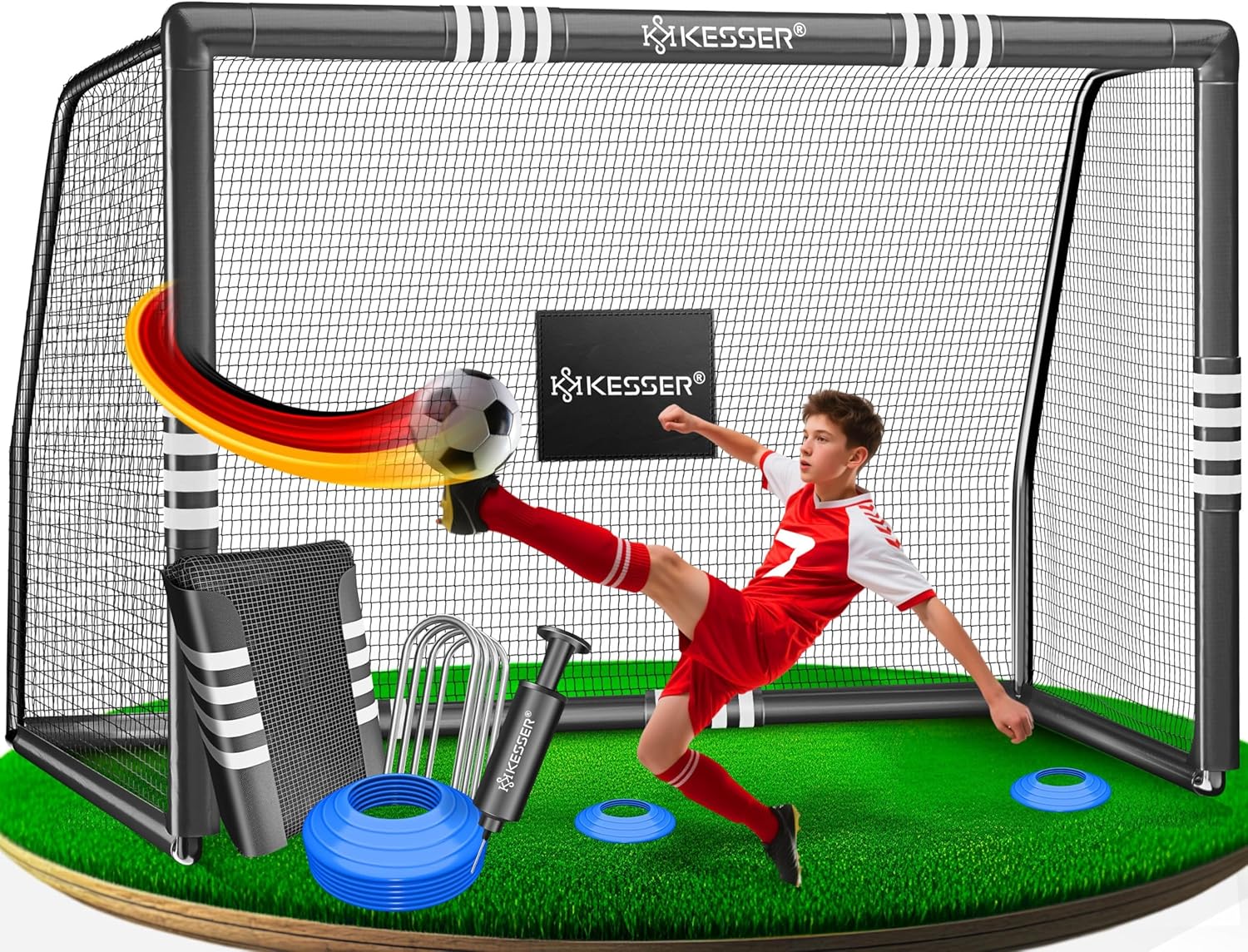 KESSER® Fußballtor für Garten Robustes Outdoor Training Schusstraining UV-beständigem Netz, Stahlrahmen mit Polsterung, Erdhaken, Luftpumpe, Hüttchen, Montagezubehör für Kinder und Erwachsene
