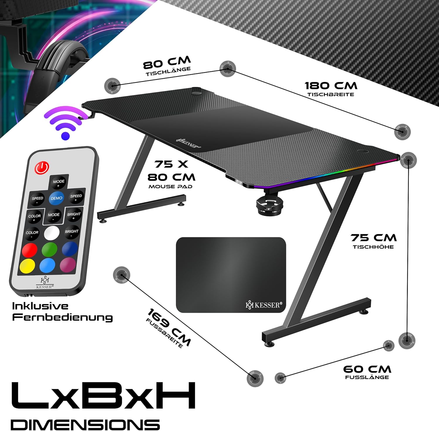 KESSER® Gaming Tisch LED 180cm x 80cm | Z-Form Gamer Schreibtisch | Kopfhörerhaken & Kohlebeschichtung | Ergonomischer PC Computertisch | Stabiler Tisch mit Getränkehalter Schwarz — Ansicht 2