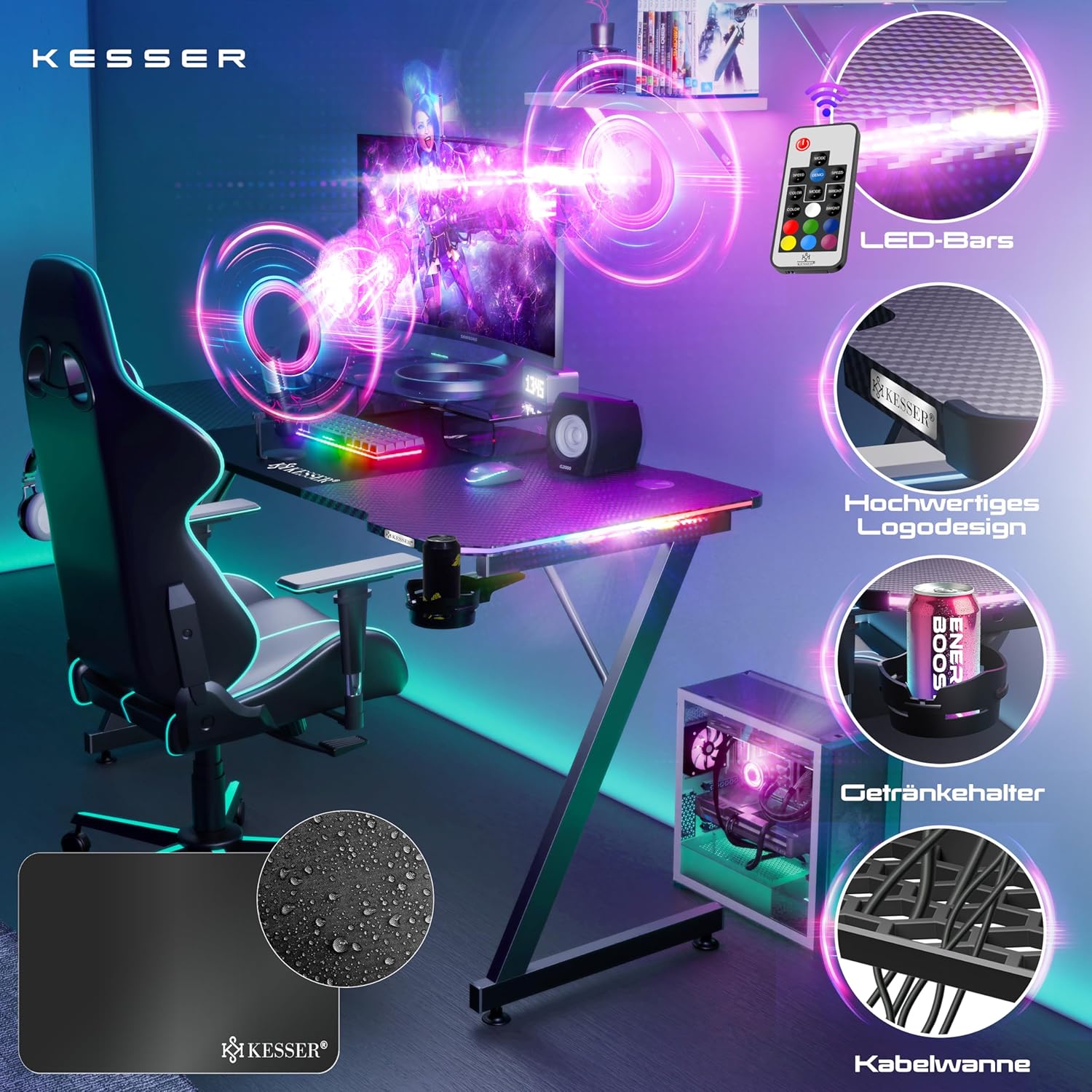 KESSER® Gaming Tisch LED 180cm x 80cm | Z-Form Gamer Schreibtisch | Kopfhörerhaken & Kohlebeschichtung | Ergonomischer PC Computertisch | Stabiler Tisch mit Getränkehalter Schwarz — Ansicht 3