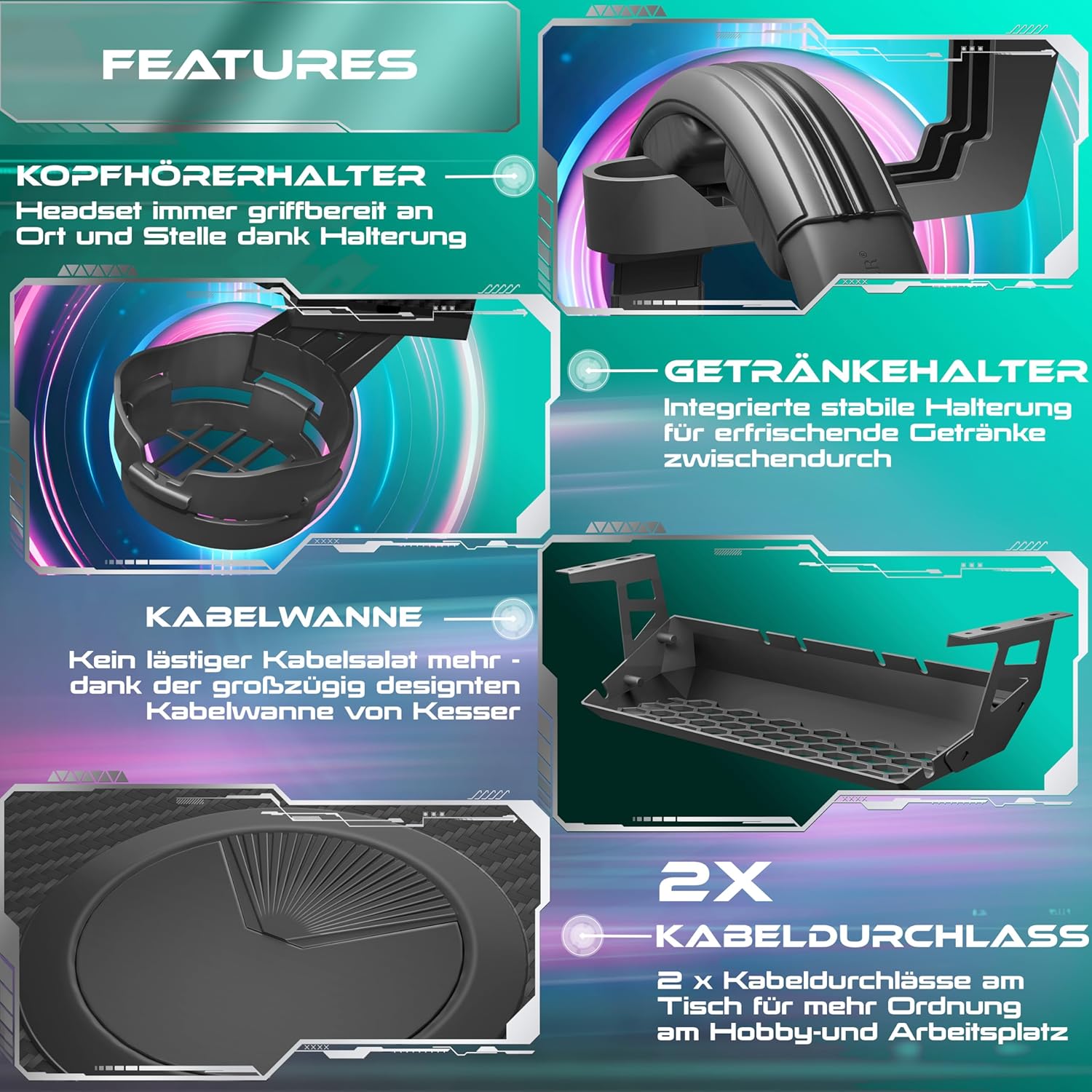 KESSER® Gaming Tisch LED 180cm x 80cm | Z-Form Gamer Schreibtisch | Kopfhörerhaken & Kohlebeschichtung | Ergonomischer PC Computertisch | Stabiler Tisch mit Getränkehalter Schwarz — Ansicht 5