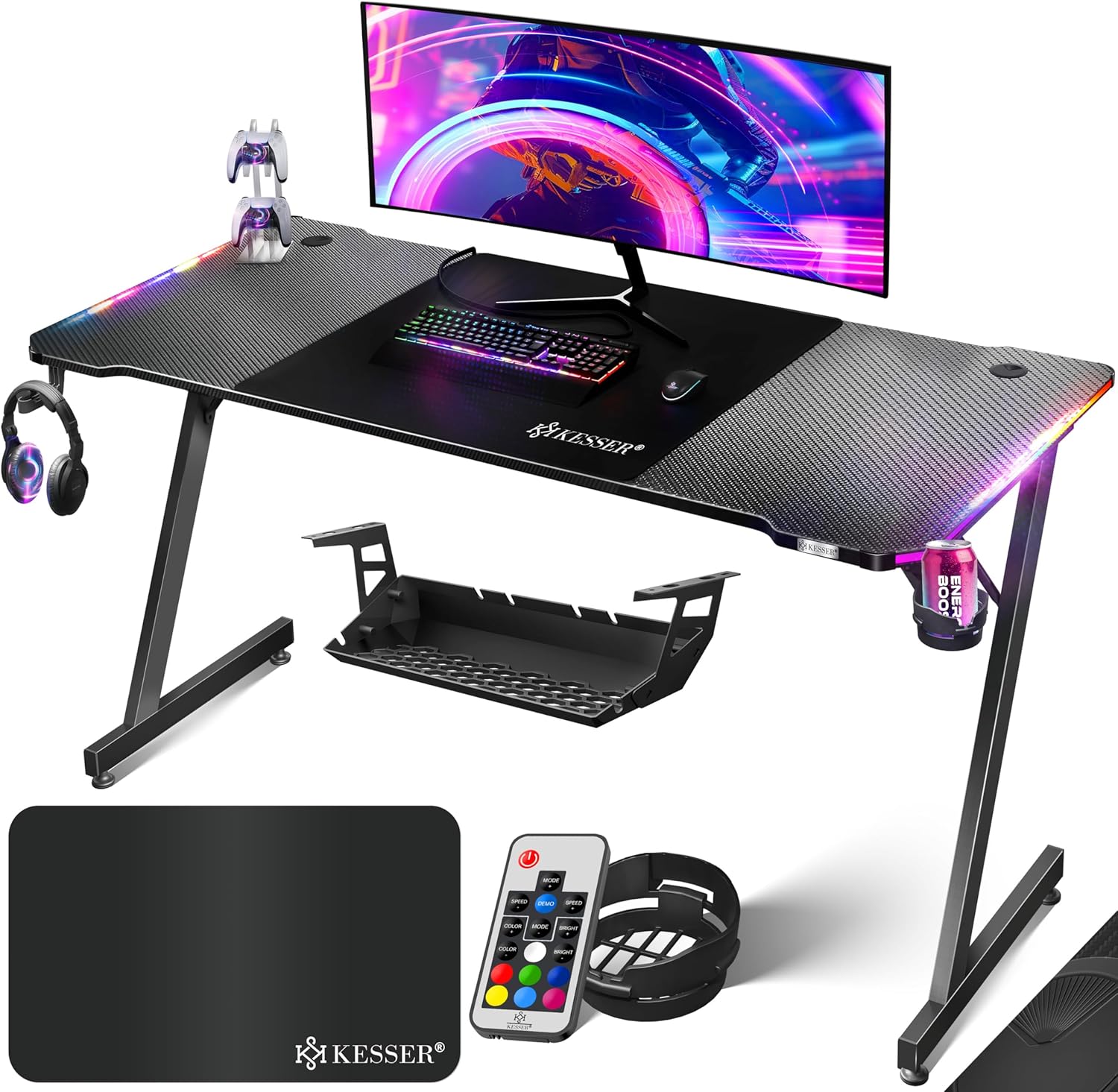 KESSER® Gaming Tisch LED 180cm x 80cm | Z-Form Gamer Schreibtisch | Kopfhörerhaken & Kohlebeschichtung | Ergonomischer PC Computertisch | Stabiler Tisch mit Getränkehalter Schwarz