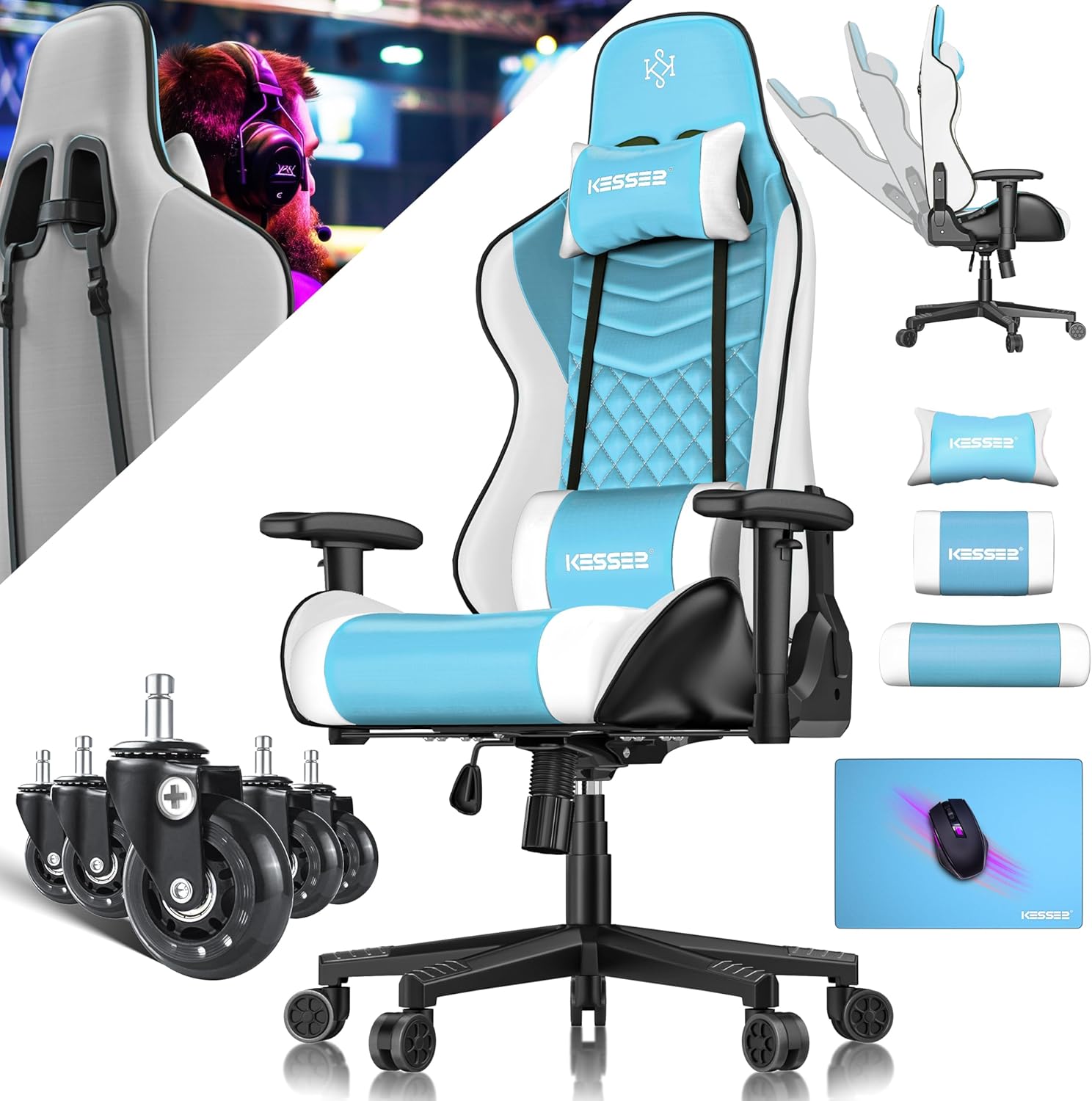 KESSER® Gamingstuhl Ergonomisch Gaming Stuhl Bürostuhl mit Kopfstütze & Lendenkissen | Racing Gamer Stuhl 150kg belastbar | Armlehne 360° | Drehbarer Schreibtischstuhl Gaming Chair + Gummi-Rollen