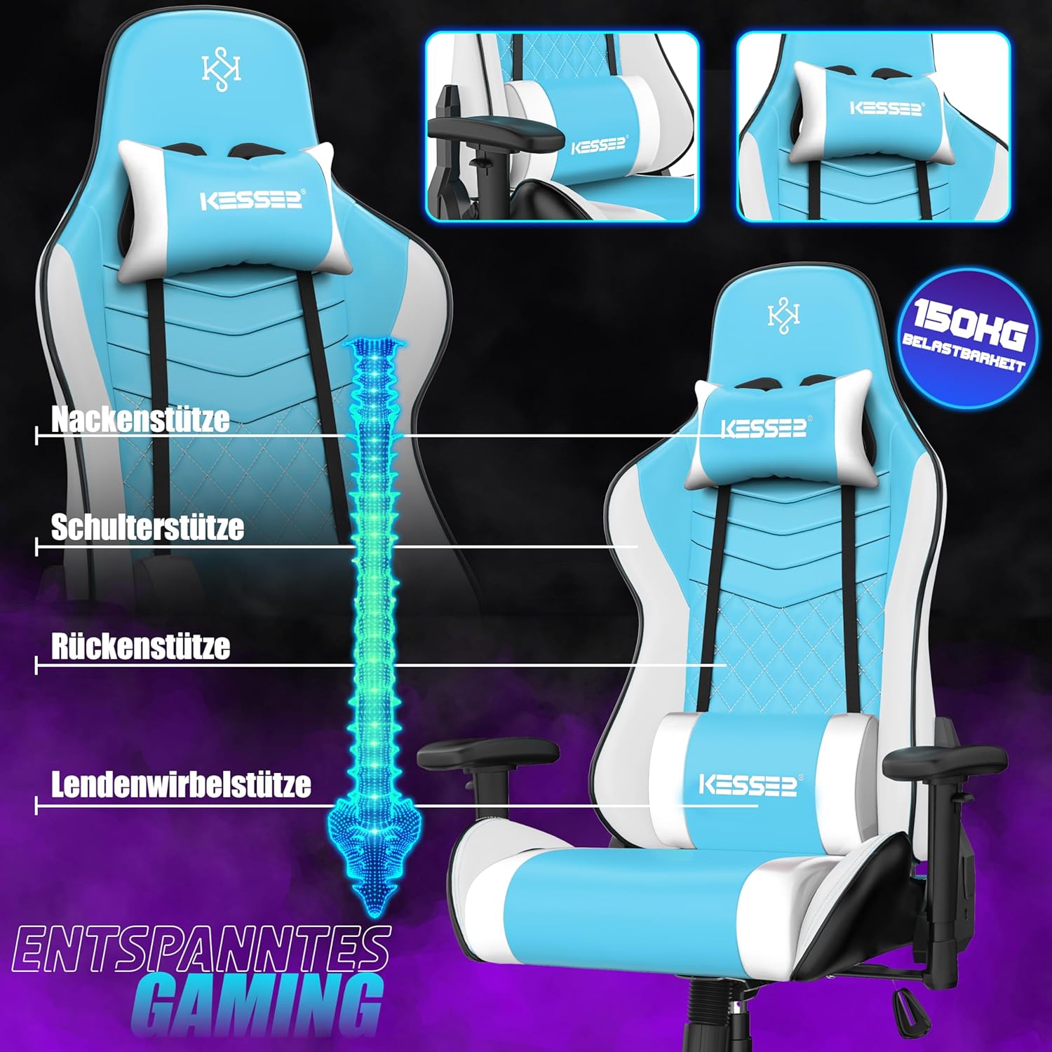 KESSER® Gamingstuhl Ergonomisch Gaming Stuhl Bürostuhl mit Kopfstütze & Lendenkissen | Racing Gamer Stuhl 150kg belastbar | Armlehne 360° | Drehbarer Schreibtischstuhl Gaming Chair + Gummi-Rollen — Ansicht 3