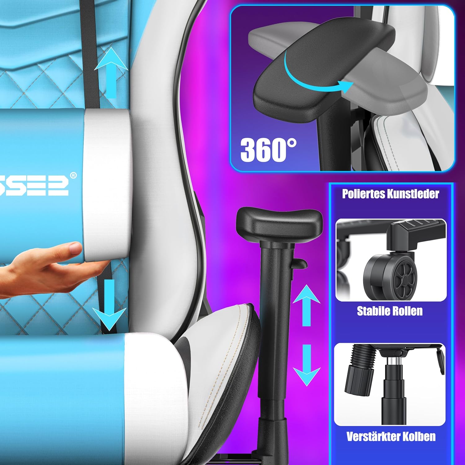 KESSER® Gamingstuhl Ergonomisch Gaming Stuhl Bürostuhl mit Kopfstütze & Lendenkissen | Racing Gamer Stuhl 150kg belastbar | Armlehne 360° | Drehbarer Schreibtischstuhl Gaming Chair + Gummi-Rollen — Ansicht 4