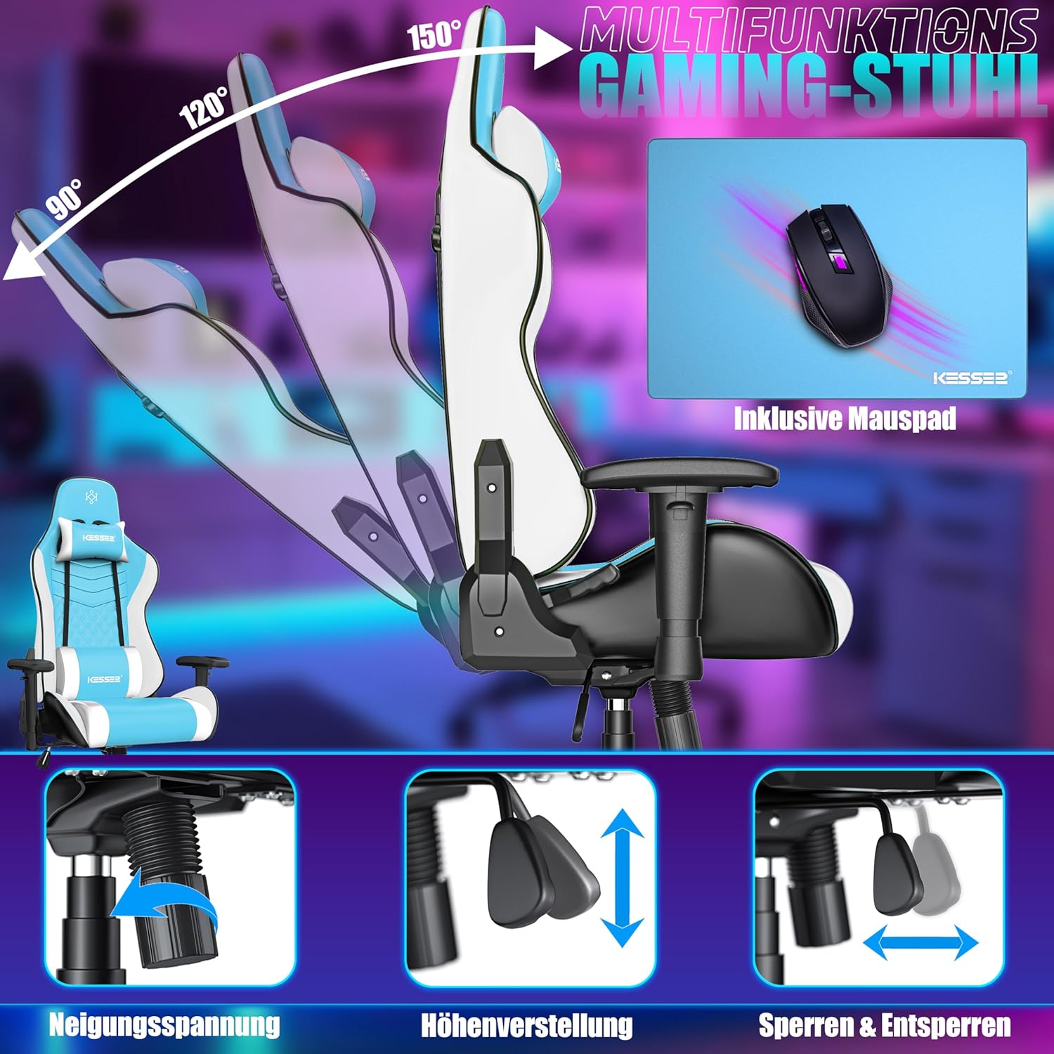 KESSER® Gamingstuhl Ergonomisch Gaming Stuhl Bürostuhl mit Kopfstütze & Lendenkissen | Racing Gamer Stuhl 150kg belastbar | Armlehne 360° | Drehbarer Schreibtischstuhl Gaming Chair + Gummi-Rollen — Ansicht 5