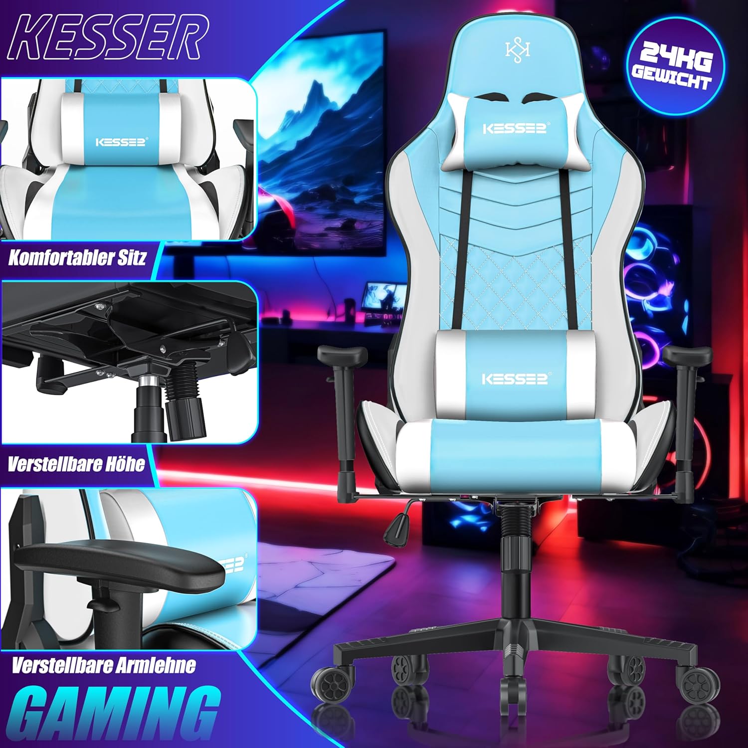 KESSER® Gamingstuhl Ergonomisch Gaming Stuhl Bürostuhl mit Kopfstütze & Lendenkissen | Racing Gamer Stuhl 150kg belastbar | Armlehne 360° | Drehbarer Schreibtischstuhl Gaming Chair + Gummi-Rollen — Ansicht 6