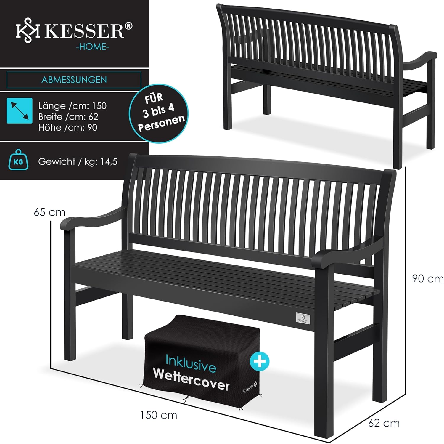 KESSER® Gartenbank Holz wetterfest 150cm Holzbank Garten 3-4 Sitzer, Sitzbank Outdoor, Balkonbank aus Massivholz, Parkbank 320 kg belastbar für Garten, Terrasse & Balkon inkl. Abdeckung, Anthrazit — Ansicht 2
