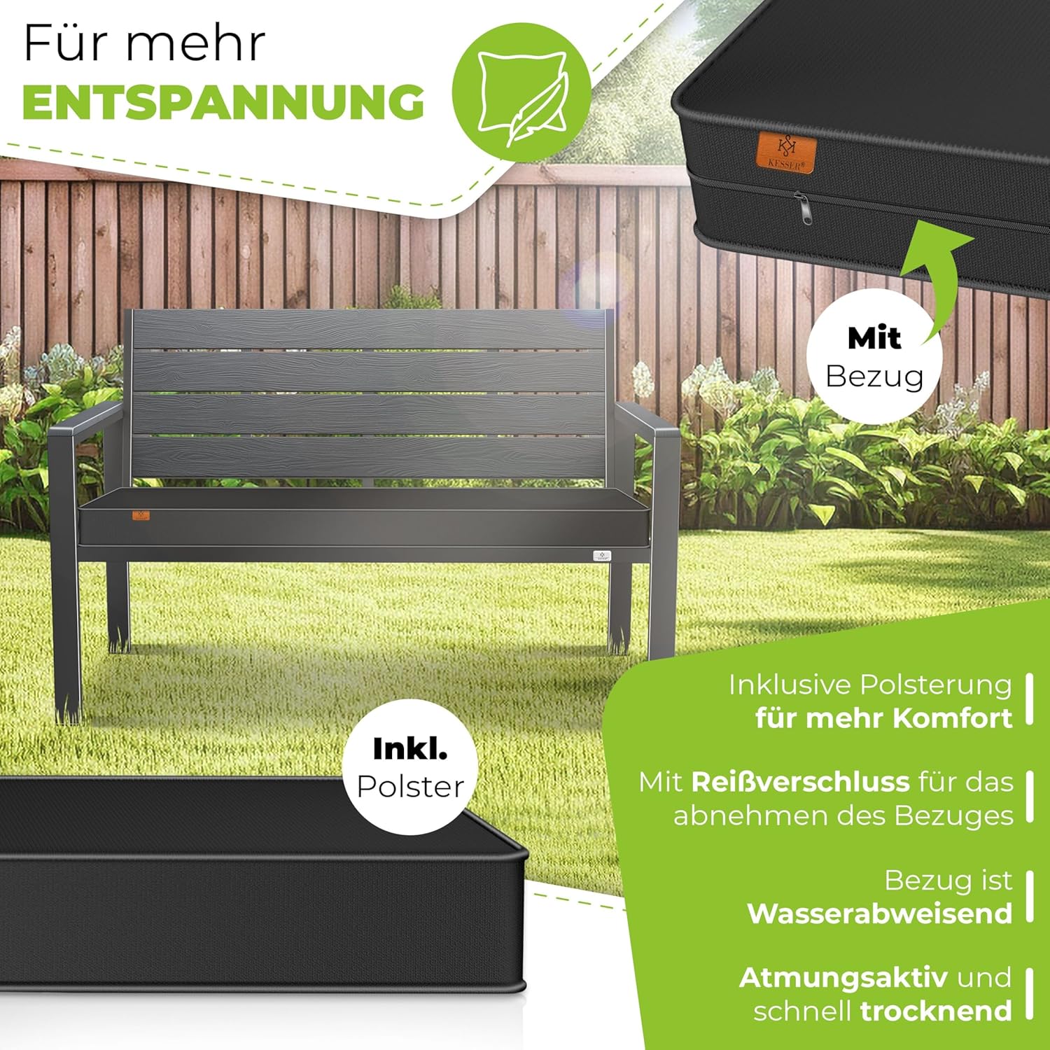 KESSER® Gartenbank mit Kissen – Sitzbank Wetterfest 2-Sitzer Parkbank in Holzoptik Balkonbank für Garten Terrasse Balkon bis 300 kg belastbar UV-beständig inkl. abnehmbarem & waschbarem Polsterbezug — Ansicht 3
