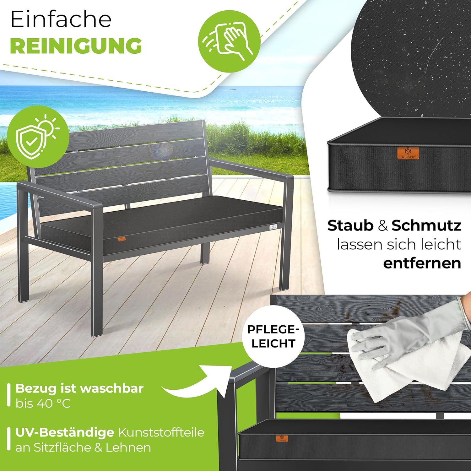 KESSER® Gartenbank mit Kissen – Sitzbank Wetterfest 2-Sitzer Parkbank in Holzoptik Balkonbank für Garten Terrasse Balkon bis 300 kg belastbar UV-beständig inkl. abnehmbarem & waschbarem Polsterbezug — Ansicht 4