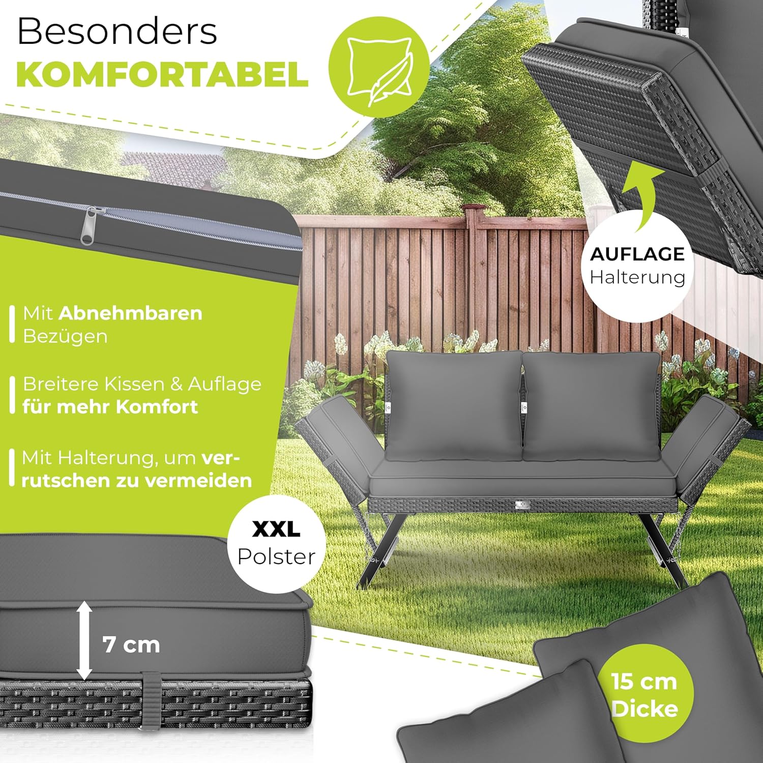 KESSER® Gartenbank Polyrattan Luna mit Liegefunktion Gartensofa 4 in 1 Verstellfunktion Gartencouch Wetterfest Balkonsofa Verstellbare Armlehnen, Extra Dicke & Weiche Polsterung Garten/Balkon/Terrasse — Ansicht 3
