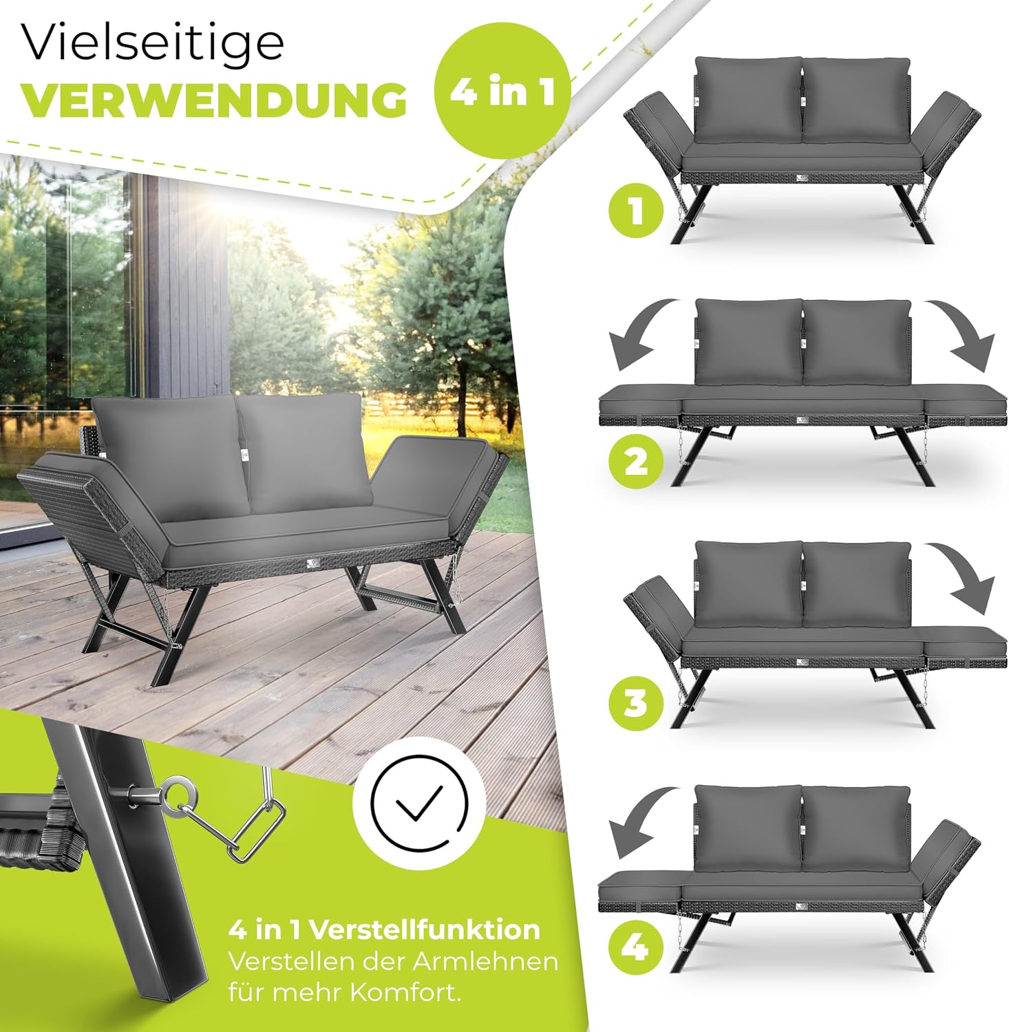 KESSER® Gartenbank Polyrattan Luna mit Liegefunktion Gartensofa 4 in 1 Verstellfunktion Gartencouch Wetterfest Balkonsofa Verstellbare Armlehnen, Extra Dicke & Weiche Polsterung Garten/Balkon/Terrasse — Ansicht 4