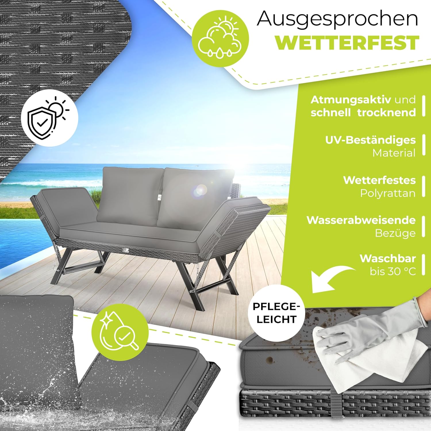 KESSER® Gartenbank Polyrattan Luna mit Liegefunktion Gartensofa 4 in 1 Verstellfunktion Gartencouch Wetterfest Balkonsofa Verstellbare Armlehnen, Extra Dicke & Weiche Polsterung Garten/Balkon/Terrasse — Ansicht 5