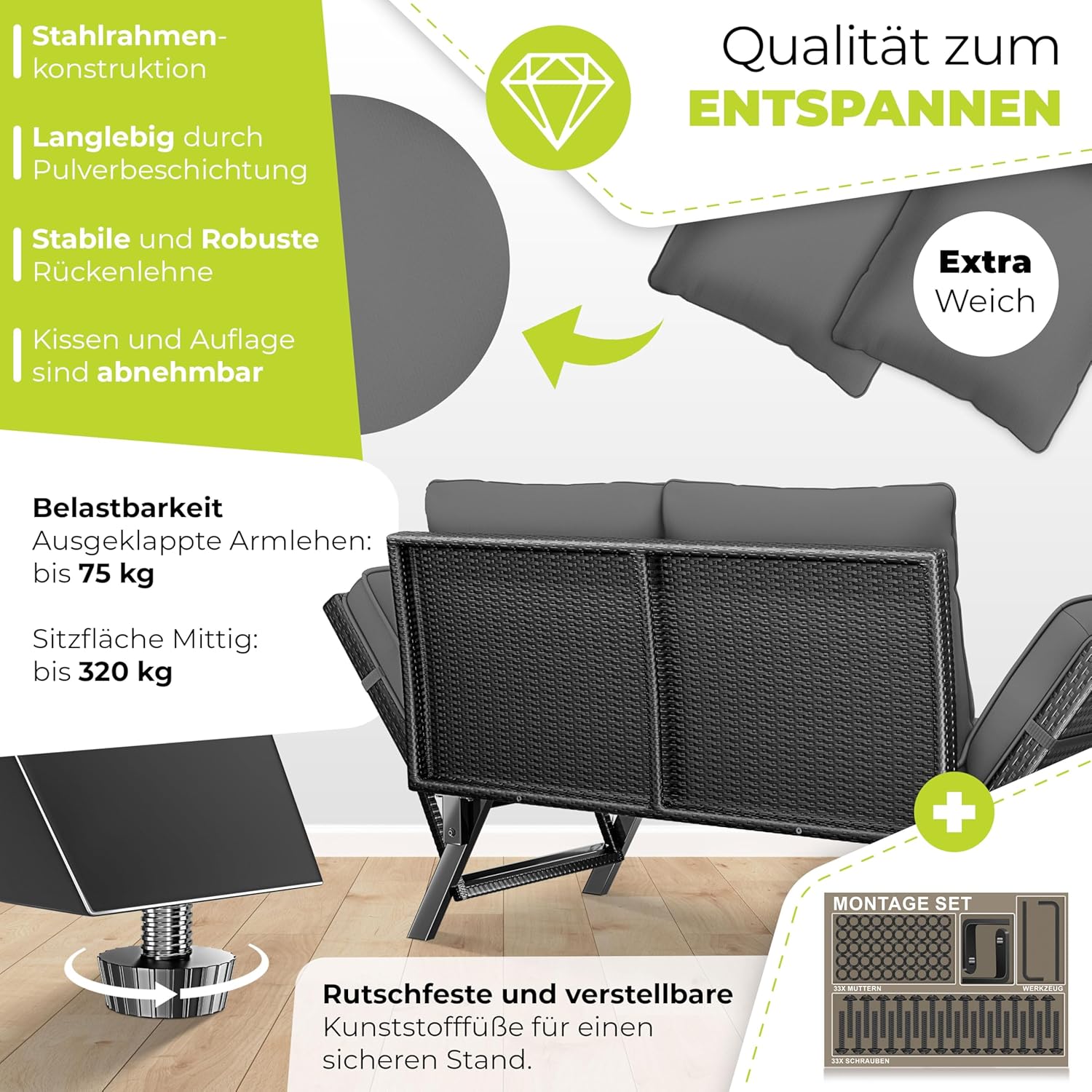 KESSER® Gartenbank Polyrattan Luna mit Liegefunktion Gartensofa 4 in 1 Verstellfunktion Gartencouch Wetterfest Balkonsofa Verstellbare Armlehnen, Extra Dicke & Weiche Polsterung Garten/Balkon/Terrasse — Ansicht 6