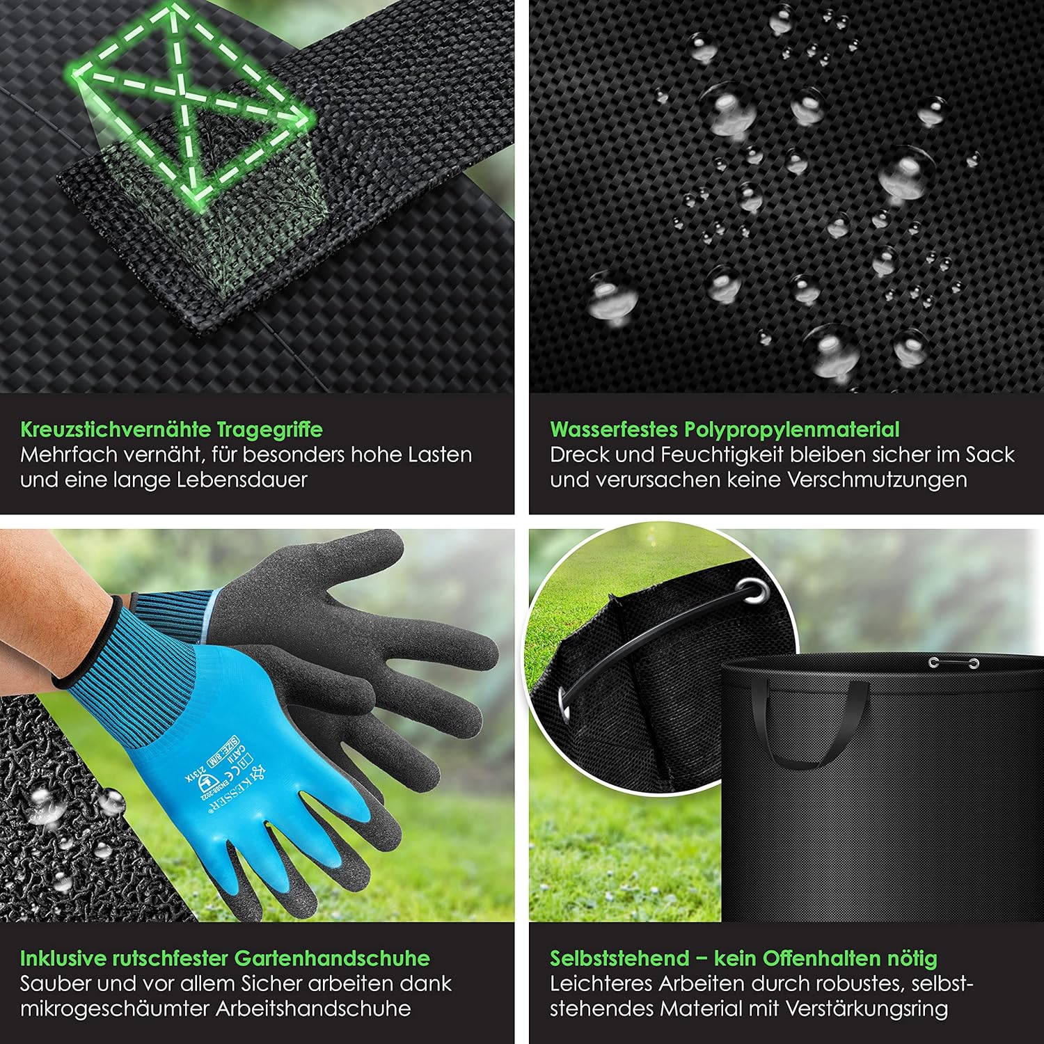 KESSER® Gartensack 2x 500L Set Laubsack Gartenabfallsack inkl. Handschuhe - Selbststehend 4 Griffe Stabil Robust & Faltbar - Laubsäcke Rasenschnitt für Gartenabfälle Grünschnitt Schwarz — Ansicht 3