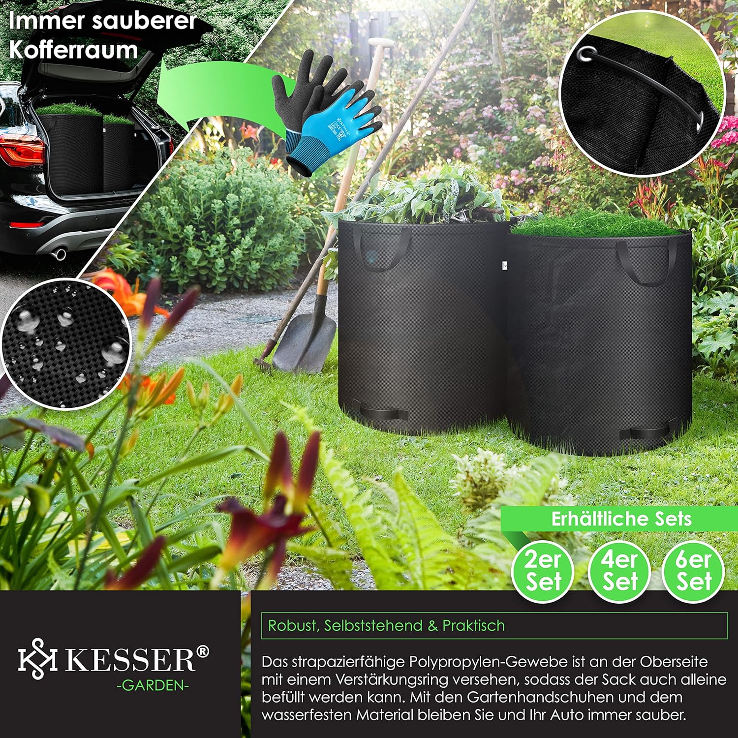KESSER® Gartensack 2x 500L Set Laubsack Gartenabfallsack inkl. Handschuhe - Selbststehend 4 Griffe Stabil Robust & Faltbar - Laubsäcke Rasenschnitt für Gartenabfälle Grünschnitt Schwarz — Ansicht 4