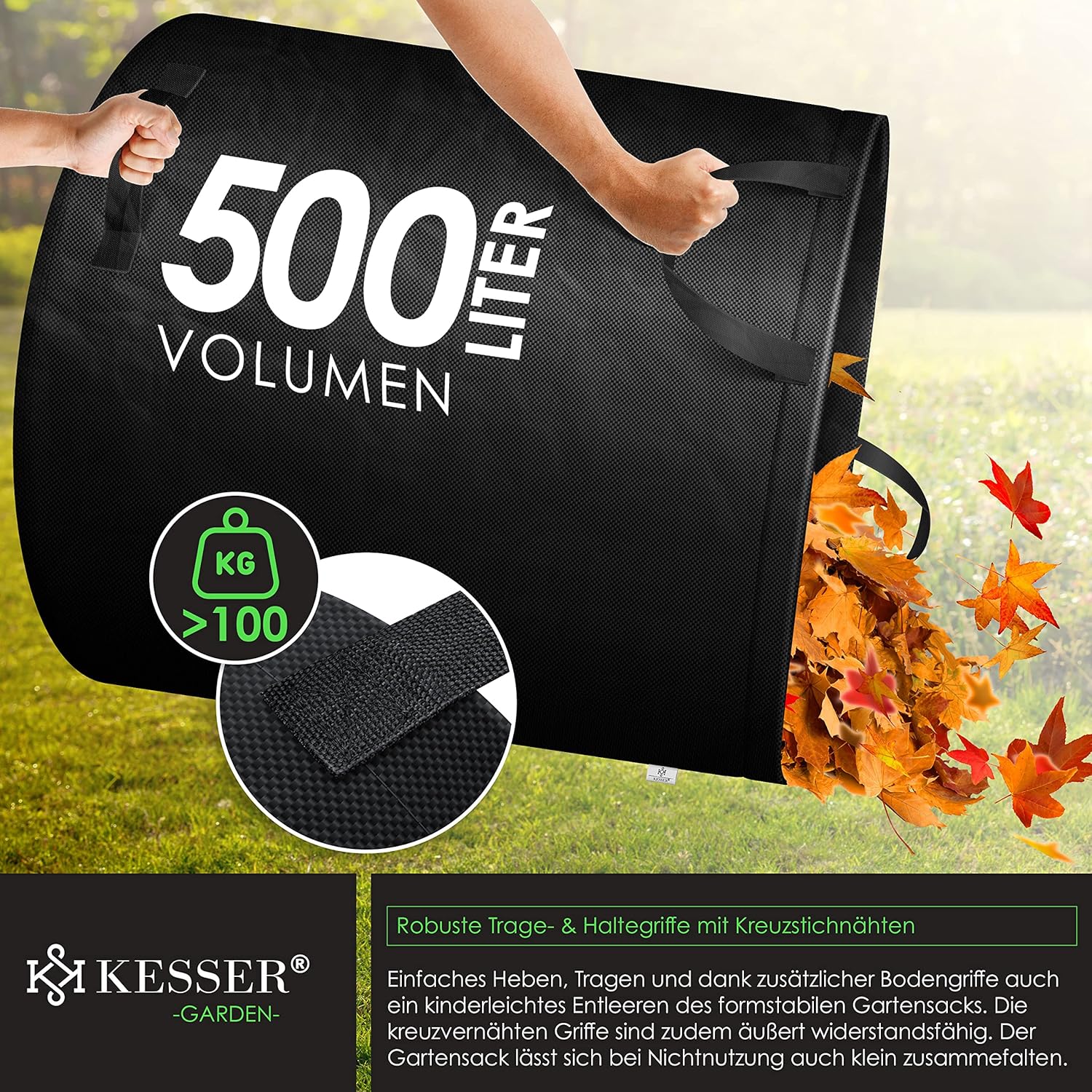 KESSER® Gartensack 2x 500L Set Laubsack Gartenabfallsack inkl. Handschuhe - Selbststehend 4 Griffe Stabil Robust & Faltbar - Laubsäcke Rasenschnitt für Gartenabfälle Grünschnitt Schwarz — Ansicht 5