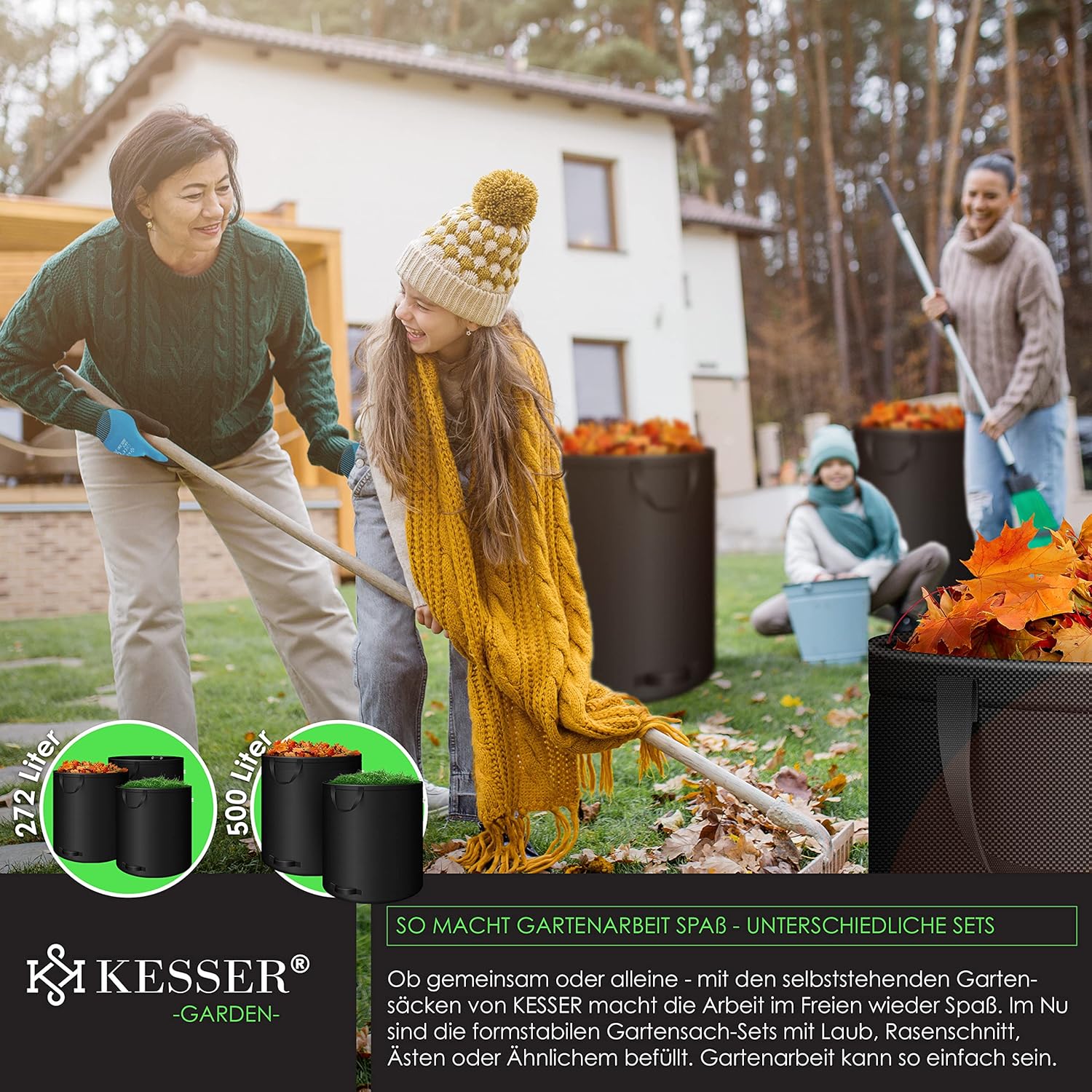 KESSER® Gartensack 2x 500L Set Laubsack Gartenabfallsack inkl. Handschuhe - Selbststehend 4 Griffe Stabil Robust & Faltbar - Laubsäcke Rasenschnitt für Gartenabfälle Grünschnitt Schwarz — Ansicht 6