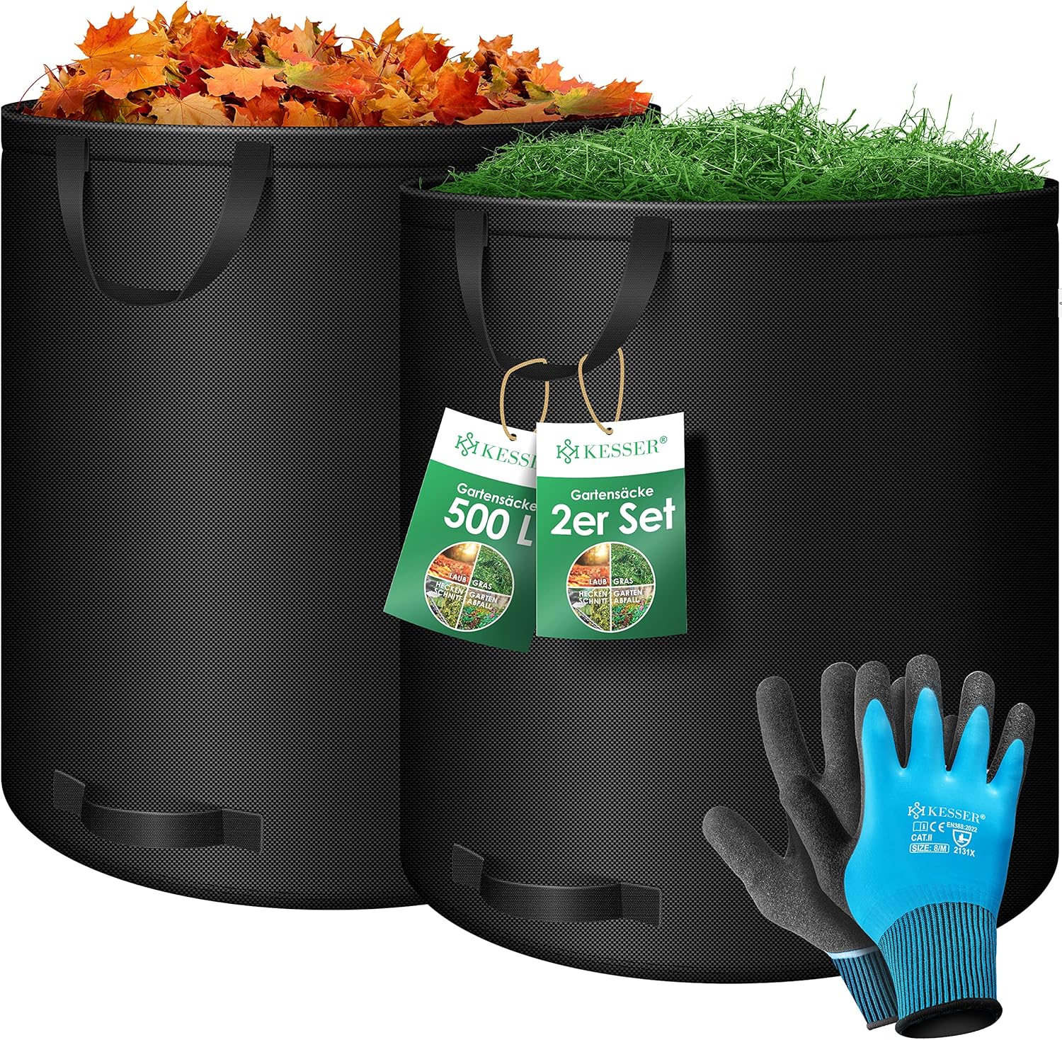 KESSER® Gartensack 2x 500L Set Laubsack Gartenabfallsack inkl. Handschuhe - Selbststehend 4 Griffe Stabil Robust & Faltbar - Laubsäcke Rasenschnitt für Gartenabfälle Grünschnitt Schwarz