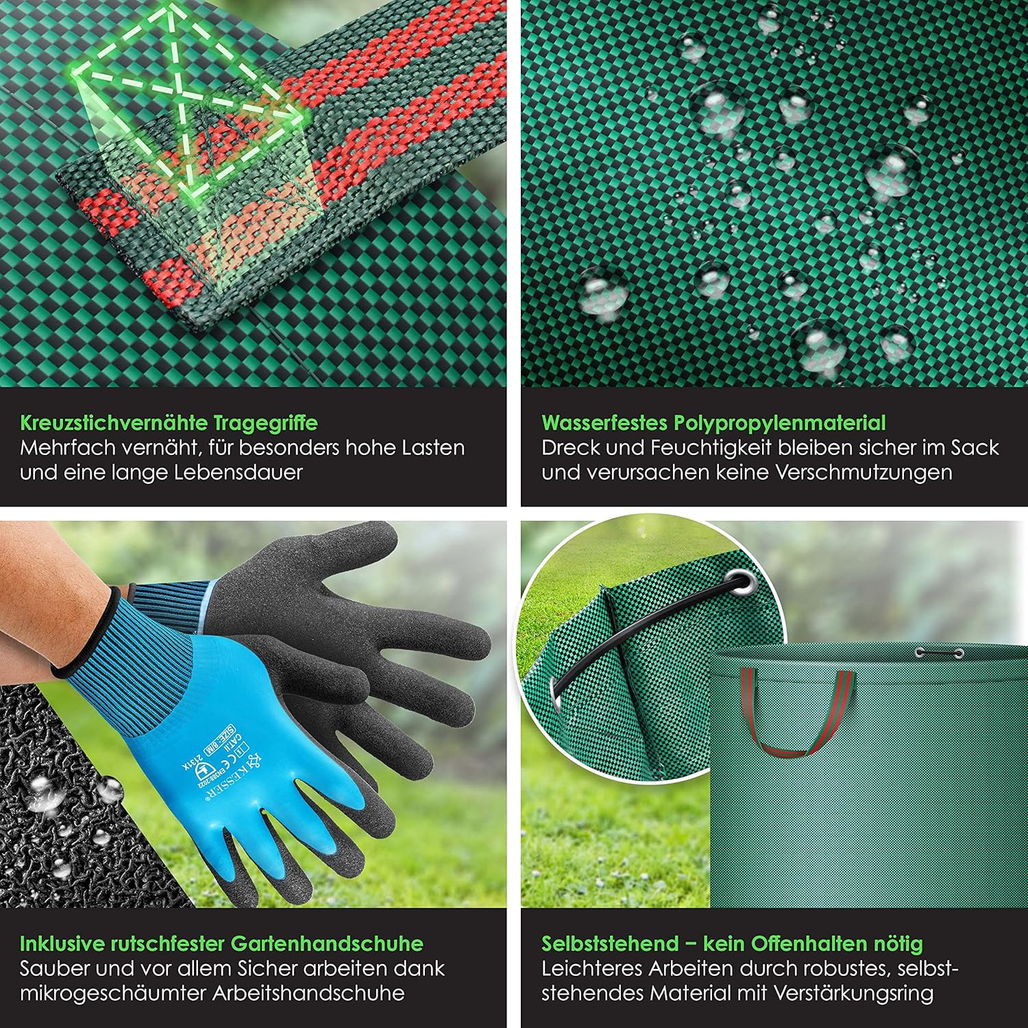 KESSER® Gartensack 3x 272L Set Laubsack Gartenabfallsack inkl. Handschuhe - Selbststehend 4 Griffe Stabil Robust & Faltbar - Rasenschnitt für Gartenabfälle Grünschnitt Grün — Ansicht 3
