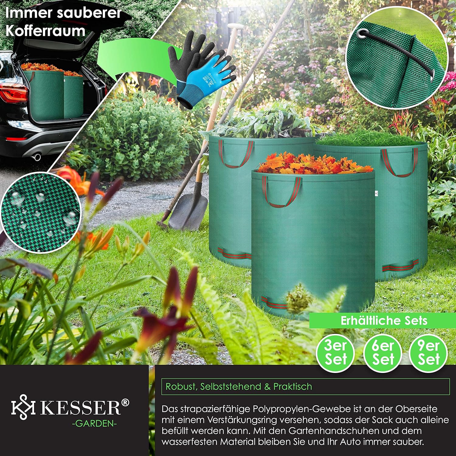 KESSER® Gartensack 3x 272L Set Laubsack Gartenabfallsack inkl. Handschuhe - Selbststehend 4 Griffe Stabil Robust & Faltbar - Rasenschnitt für Gartenabfälle Grünschnitt Grün — Ansicht 4