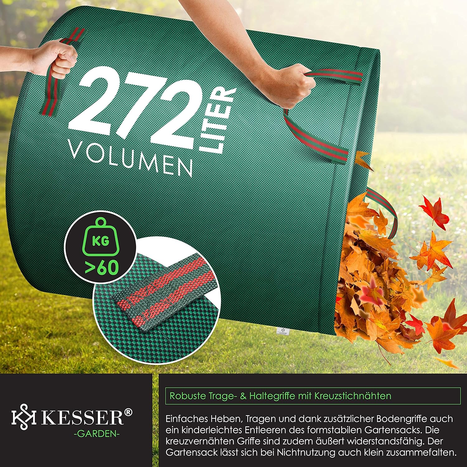 KESSER® Gartensack 3x 272L Set Laubsack Gartenabfallsack inkl. Handschuhe - Selbststehend 4 Griffe Stabil Robust & Faltbar - Rasenschnitt für Gartenabfälle Grünschnitt Grün — Ansicht 5