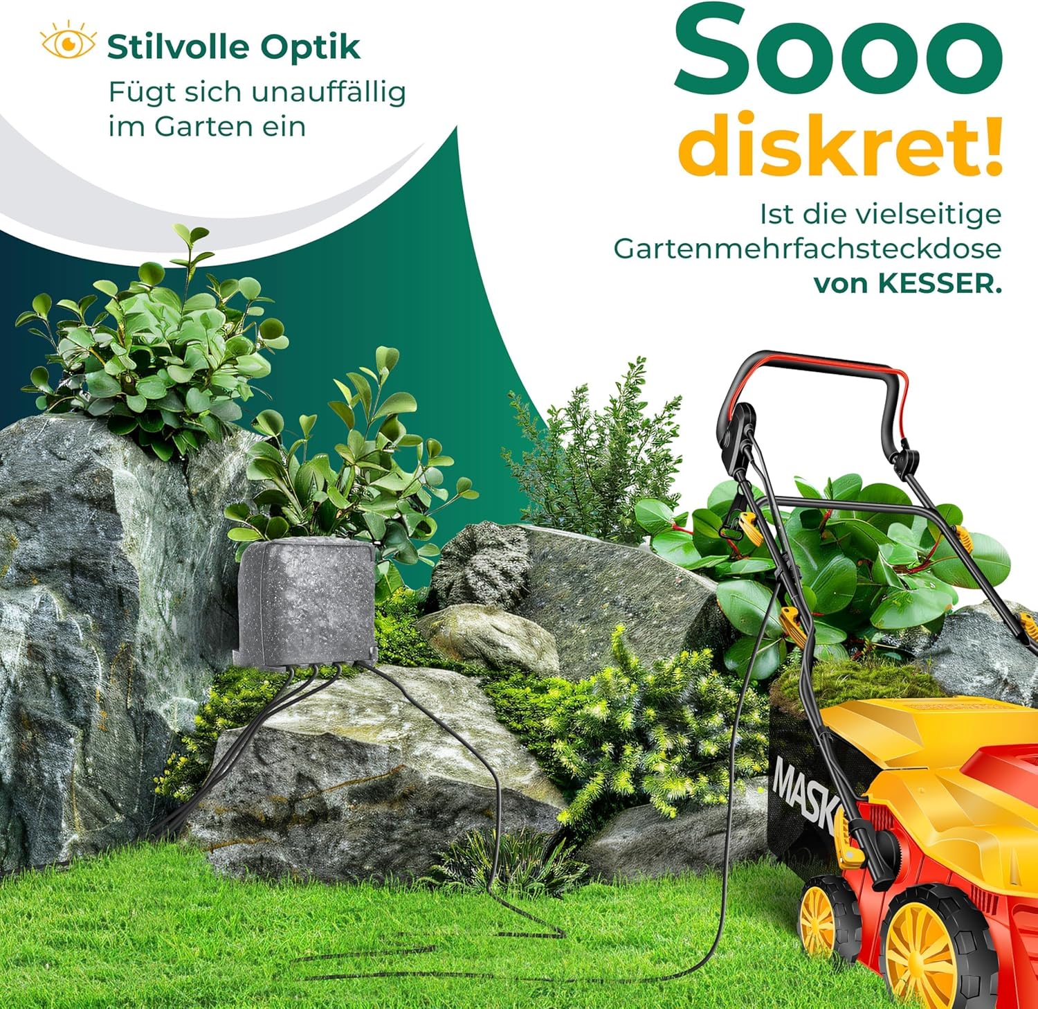 KESSER® Gartensteckdose Stein Steinoptik 4-Fach, Außensteckdose wasserdicht IP44, Mehrfachsteckdose Outdoor Garten Terrasse, mit Dämmerungssensor, 3m Kabel, 3680W 16A + Montageset (Grau) — Ansicht 3