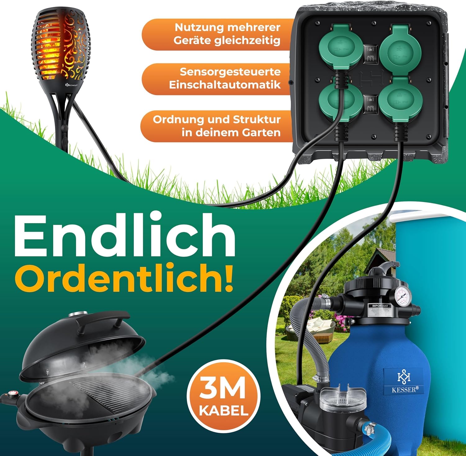 KESSER® Gartensteckdose Stein Steinoptik 4-Fach, Außensteckdose wasserdicht IP44, Mehrfachsteckdose Outdoor Garten Terrasse, mit Dämmerungssensor, 3m Kabel, 3680W 16A + Montageset (Grau) — Ansicht 4