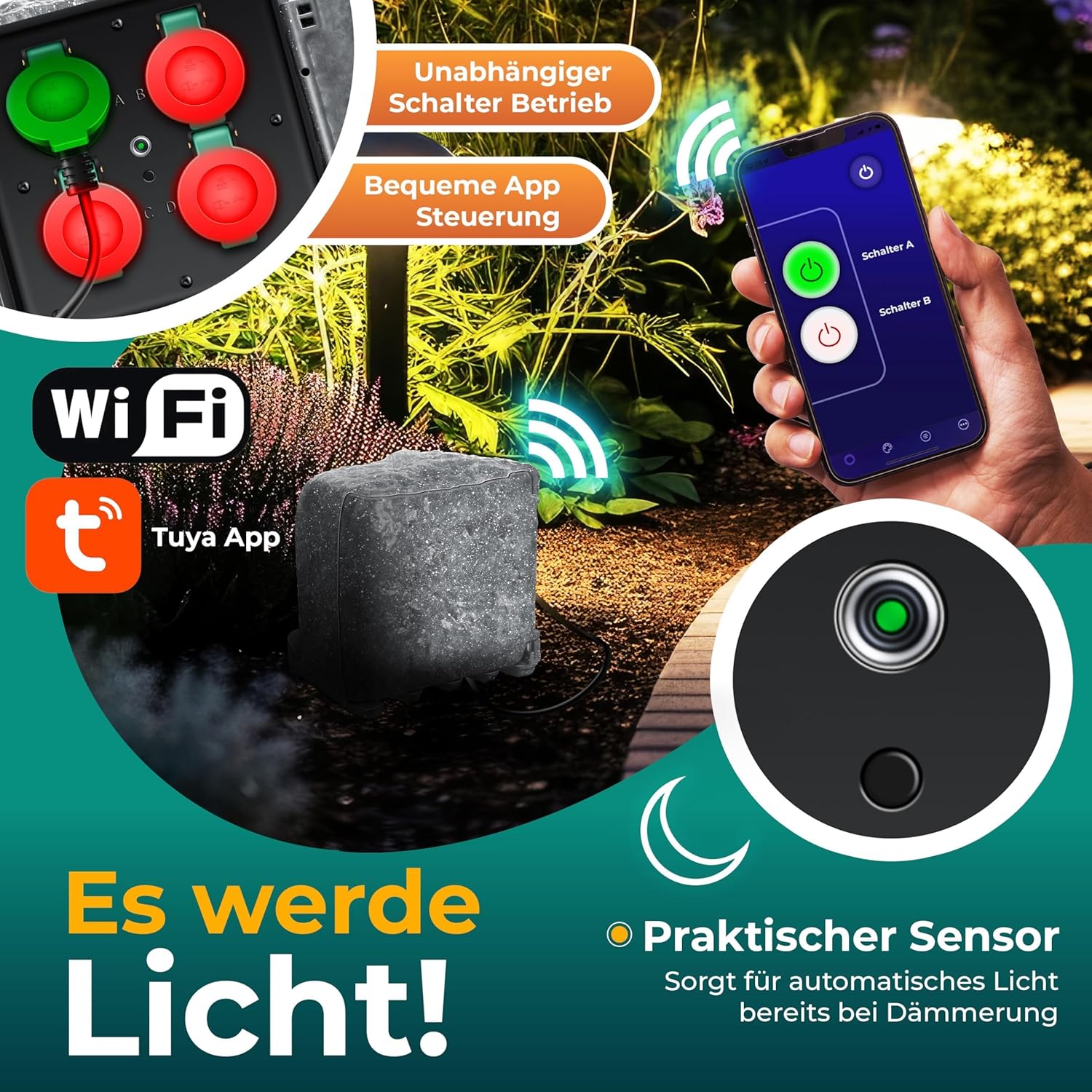 KESSER® Gartensteckdose Stein Steinoptik 4-Fach, Außensteckdose wasserdicht IP44, Mehrfachsteckdose Outdoor Garten Terrasse, mit Dämmerungssensor, 3m Kabel, 3680W 16A + Montageset (Grau) — Ansicht 5