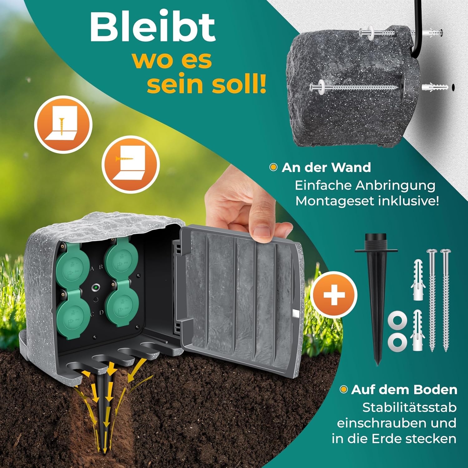 KESSER® Gartensteckdose Stein Steinoptik 4-Fach, Außensteckdose wasserdicht IP44, Mehrfachsteckdose Outdoor Garten Terrasse, mit Dämmerungssensor, 3m Kabel, 3680W 16A + Montageset (Grau) — Ansicht 6