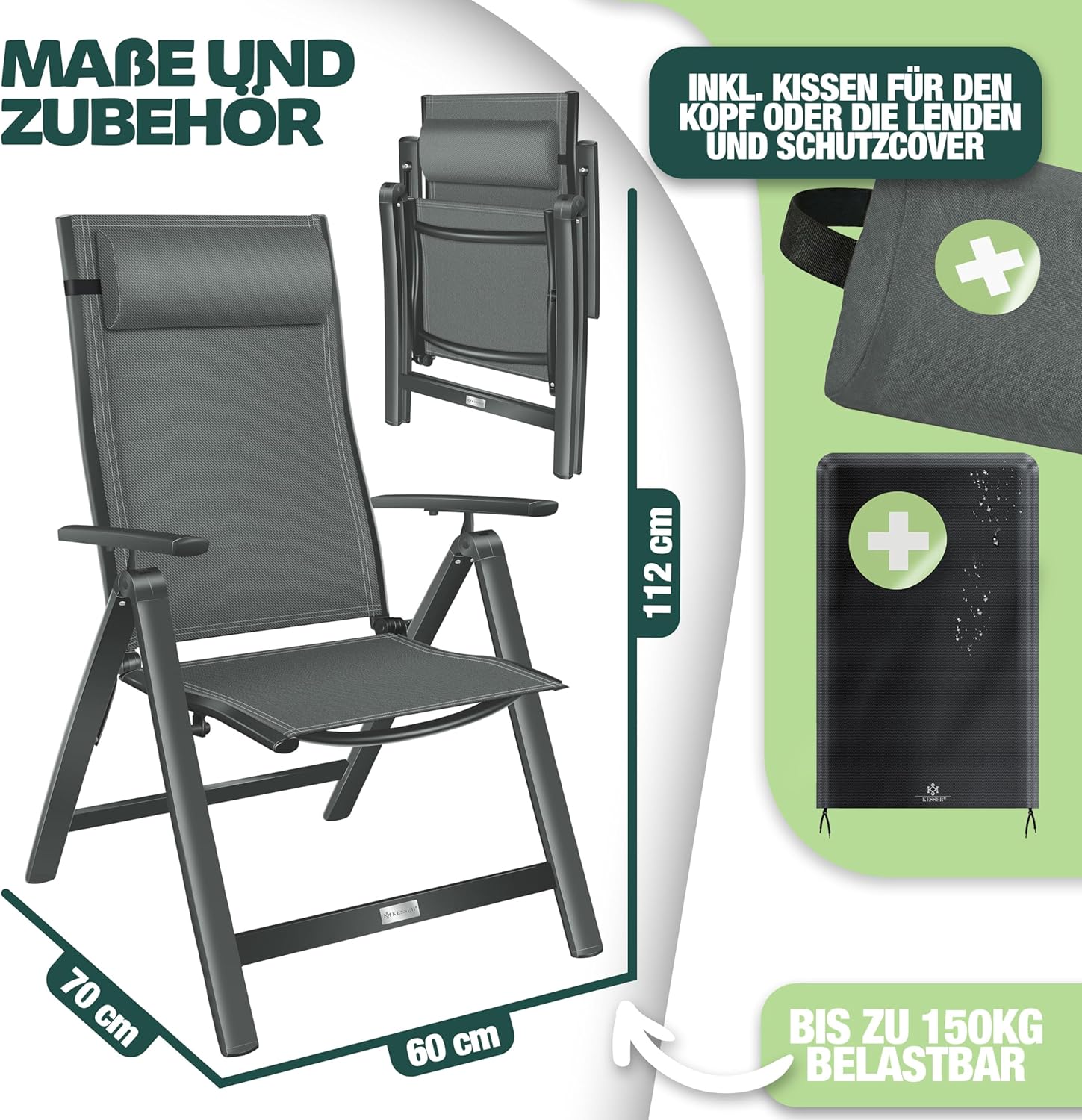 KESSER® Gartenstuhl Hochlehner mit Armlehnen 2er Set Aluminium Klappstuhl mit Kopfkissen & Abdeckung Campingstuhl 7-Fach Verstellbar Rückenlehne Atmungsaktiv Wetterfest Klappbar Anti-Rutsch, Anthrazit — Ansicht 3