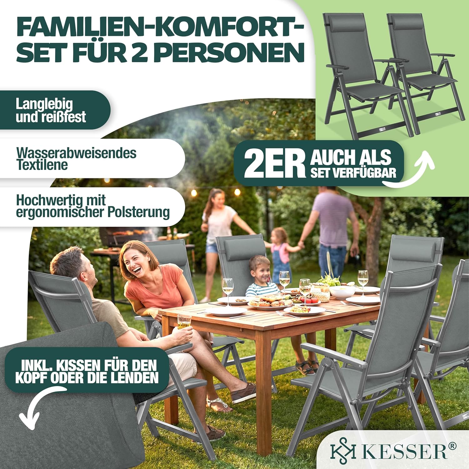 KESSER® Gartenstuhl Hochlehner mit Armlehnen 2er Set Aluminium Klappstuhl mit Kopfkissen & Abdeckung Campingstuhl 7-Fach Verstellbar Rückenlehne Atmungsaktiv Wetterfest Klappbar Anti-Rutsch, Anthrazit — Ansicht 4