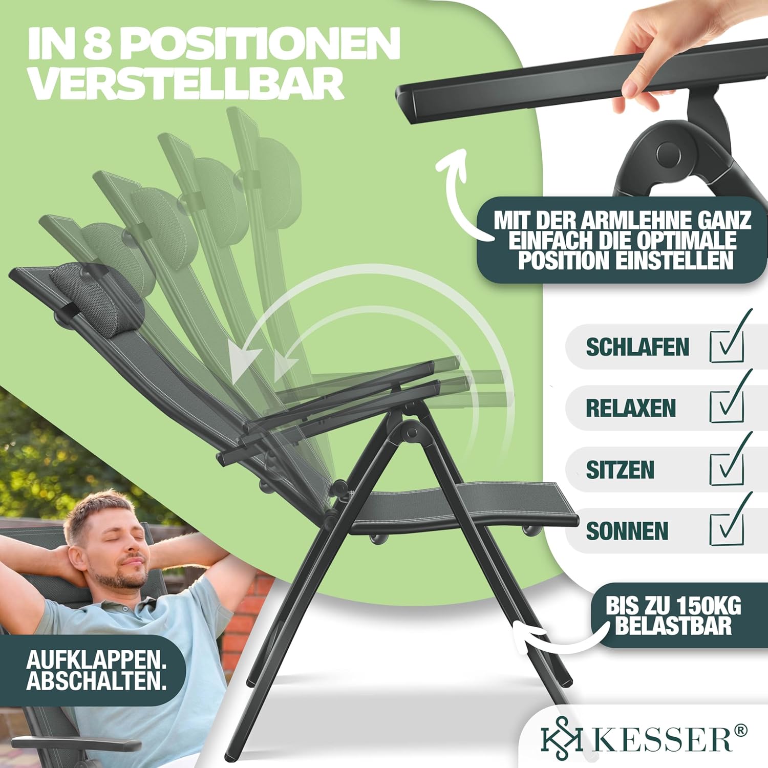 KESSER® Gartenstuhl Hochlehner mit Armlehnen 2er Set Aluminium Klappstuhl mit Kopfkissen & Abdeckung Campingstuhl 7-Fach Verstellbar Rückenlehne Atmungsaktiv Wetterfest Klappbar Anti-Rutsch, Anthrazit — Ansicht 5