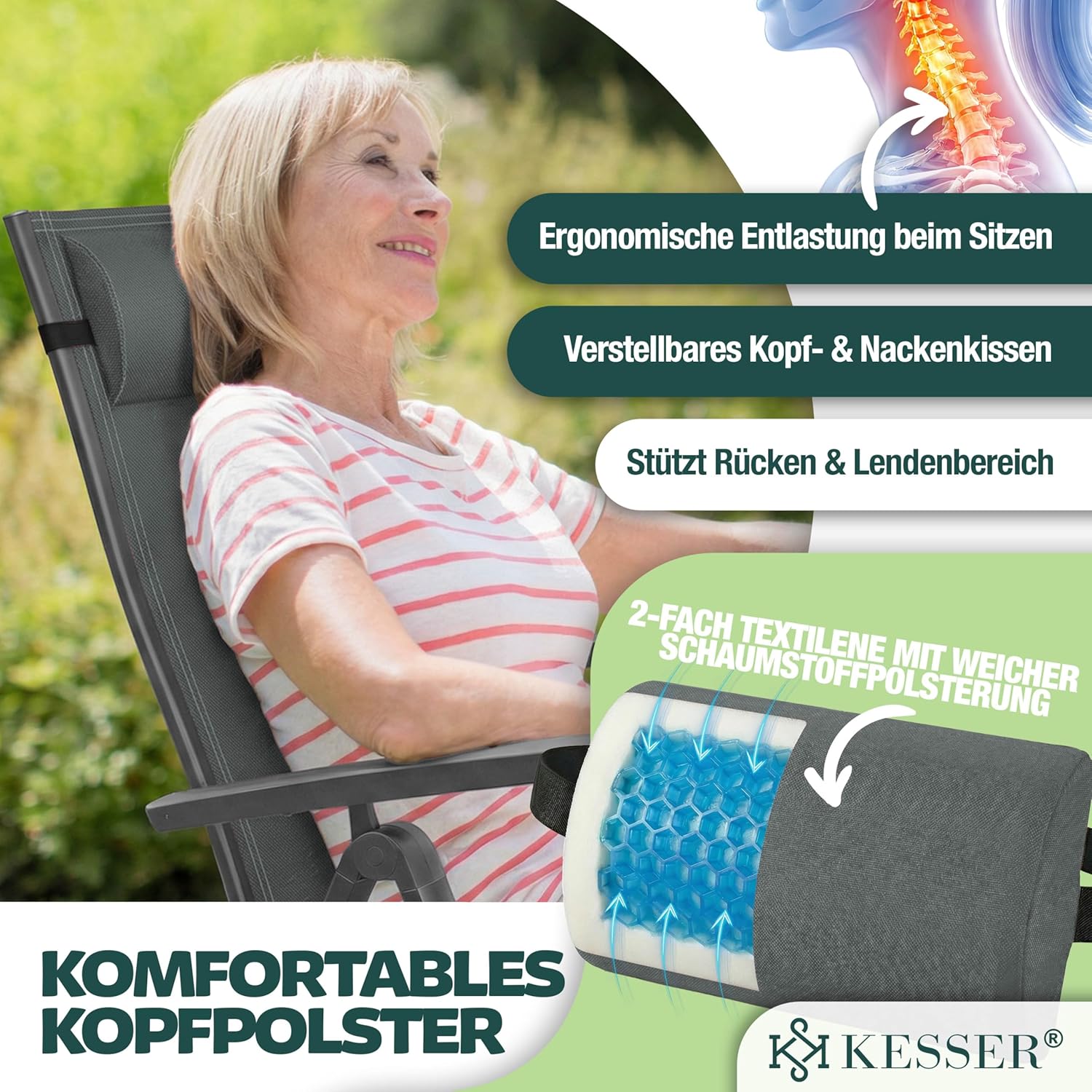KESSER® Gartenstuhl Hochlehner mit Armlehnen 2er Set Aluminium Klappstuhl mit Kopfkissen & Abdeckung Campingstuhl 7-Fach Verstellbar Rückenlehne Atmungsaktiv Wetterfest Klappbar Anti-Rutsch, Anthrazit — Ansicht 6