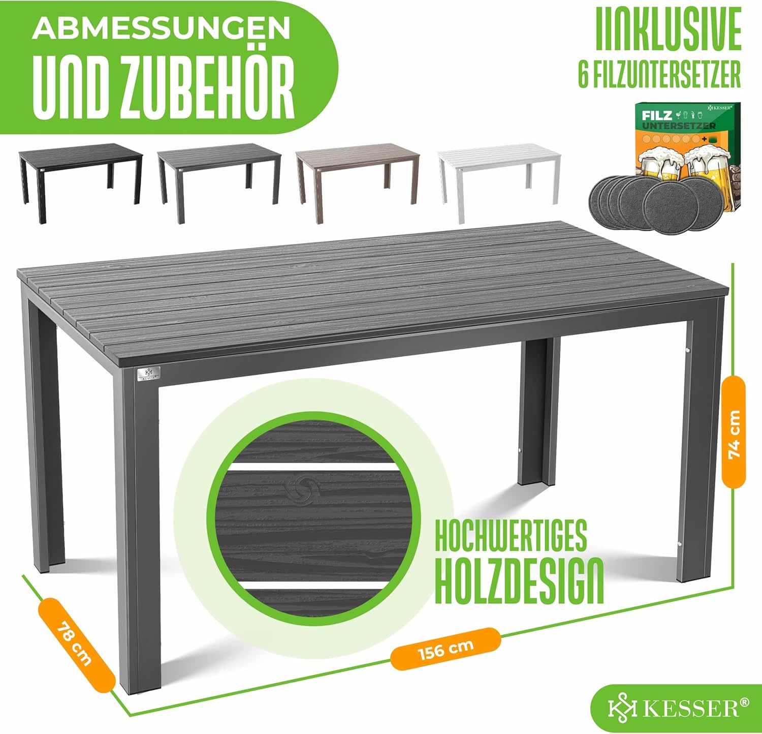 KESSER® Gartentisch 156x78cm für bis 6 Personen Esstisch Wetterfest & UV-Beständig | Outdoor Tisch mit pulverbeschichteter Stahl-Gestell & Kunststoff Tischplatte in Holz-Optik inkl. 6 Filz-Untersetzer — Ansicht 2